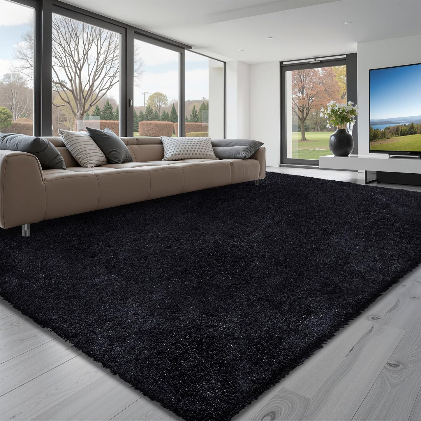 VEVOR Indoor Plush Area Rug, 8x10 ft Plush Carpet, Living Room Area Rug Fluffy with Triple-Layer Material, Soft Thick Pile Large Areas Rugs Shag for Bedroom, Lounge Area, Non-Shedding, Black