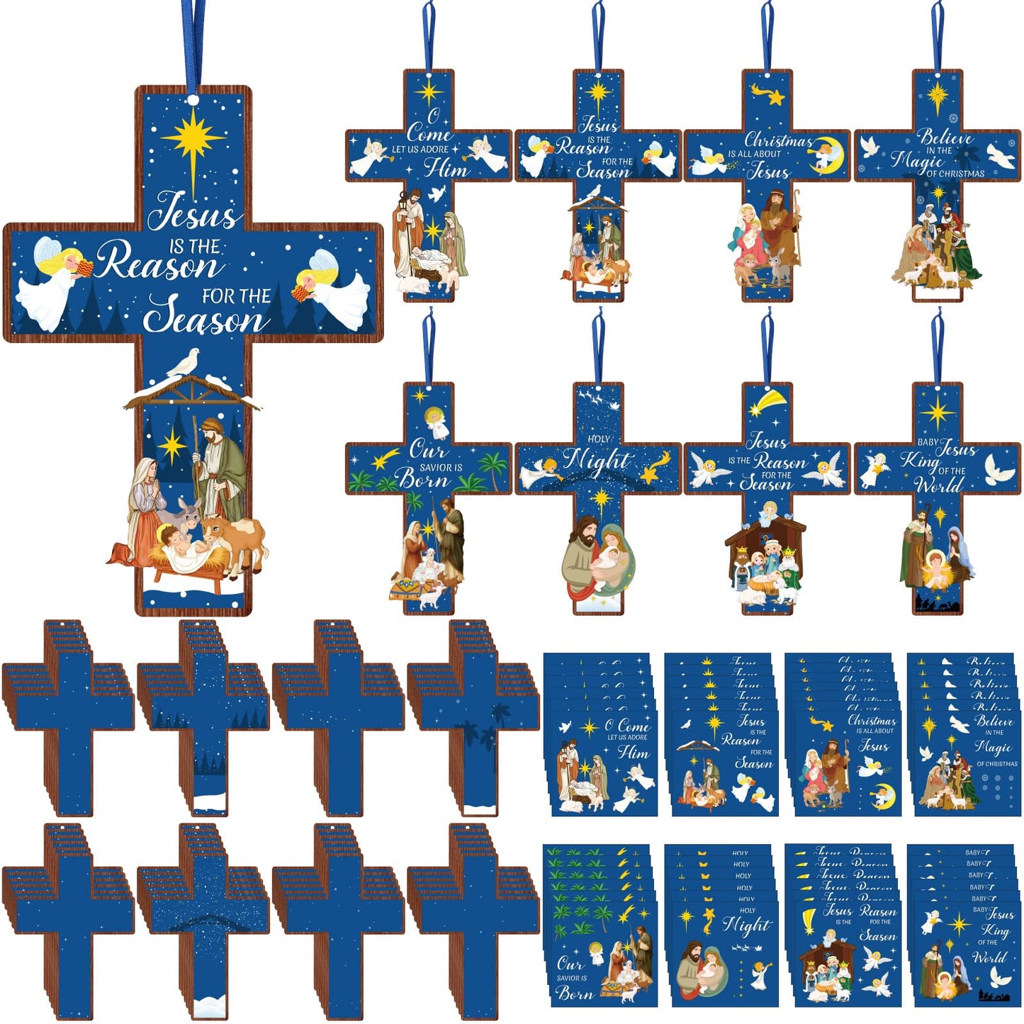 Watersay 48 Set Religious Cross Craft Kit Christian DIY Paper Crafts Make Your Own Hanging Ornament Crafts for Sunday School VBS Church Classroom Art Project Home Activities (Christmas,Blue)