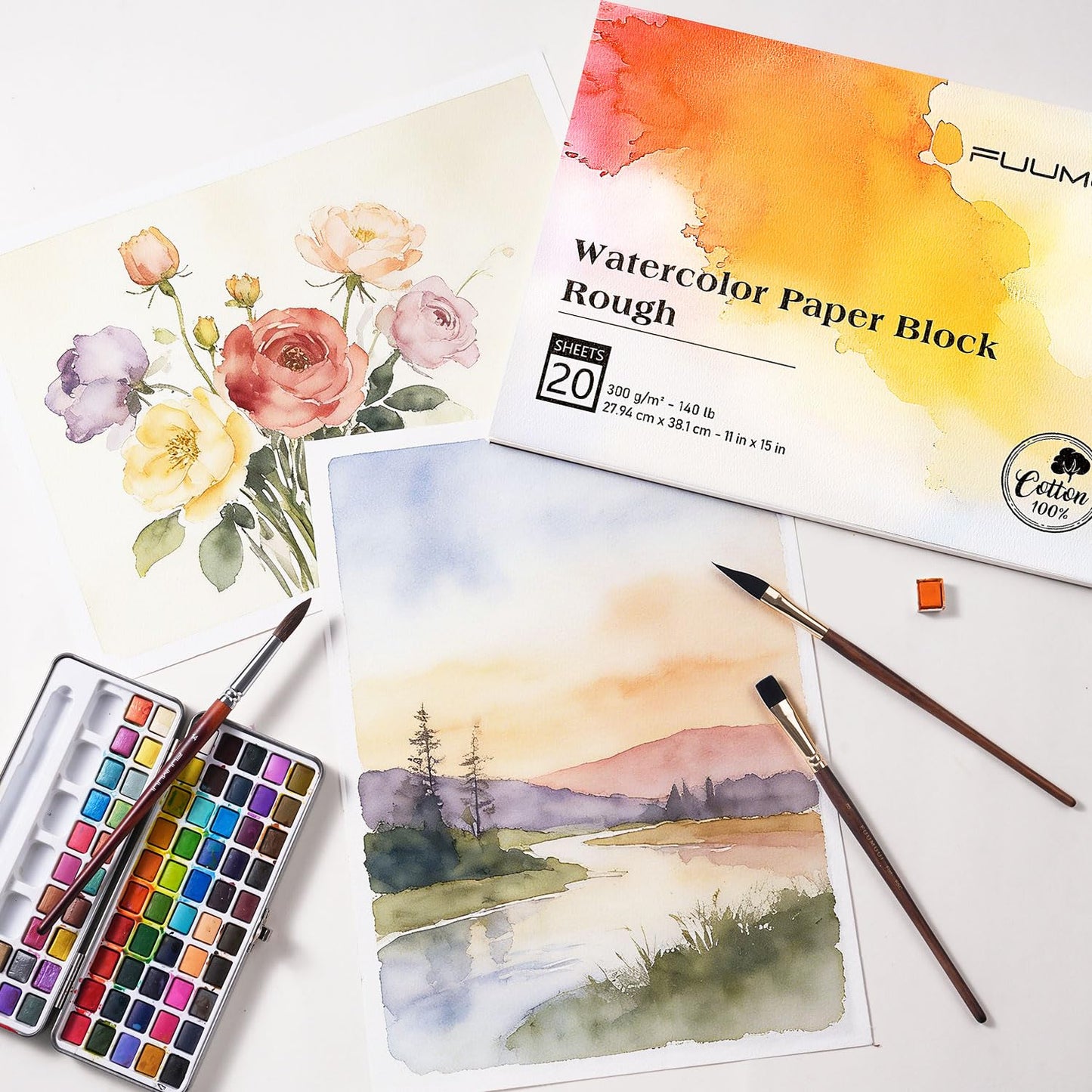 Fuumuui 11×15 Watercolor Paper Block, Textured Rough 100% Cotton Watercolor Paper, 140lb/300gsm, 20 Sheets, Acid-Free, Art Paper for Painting & Drawing, Wet, Mixed Media, Rough Grain