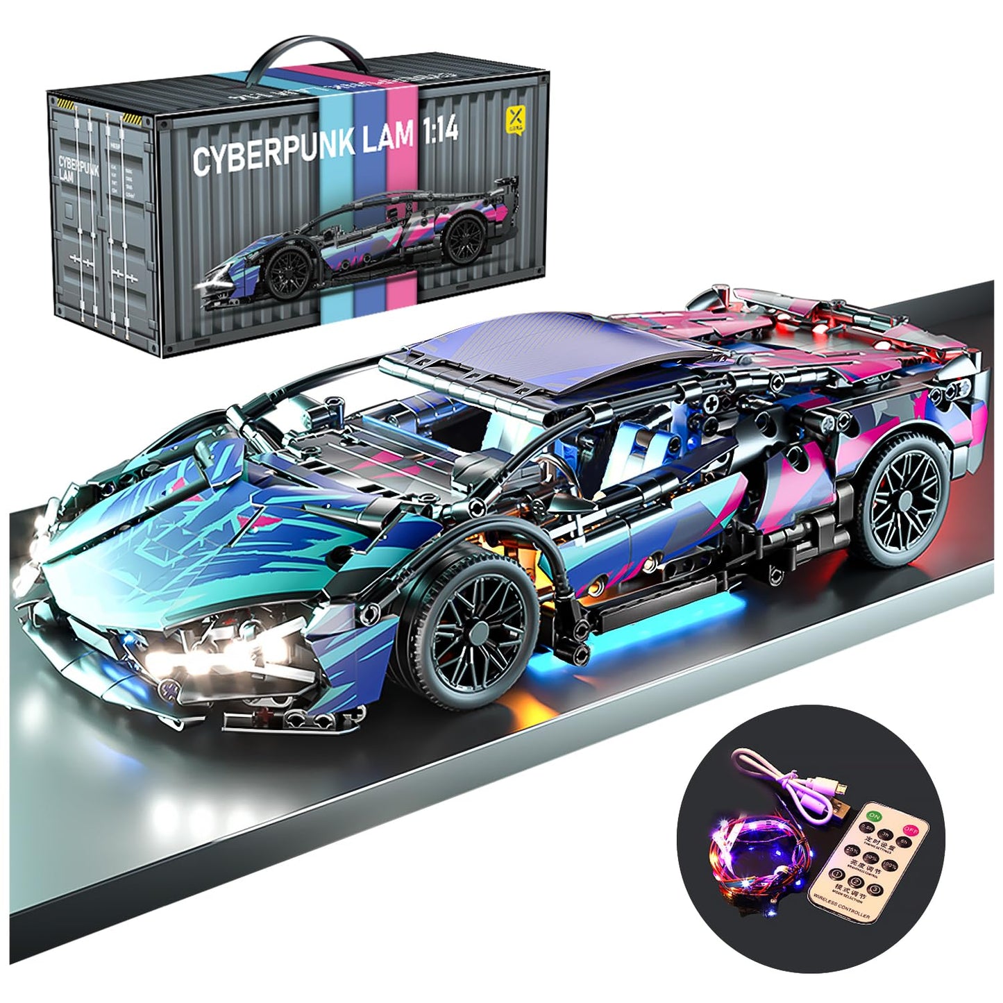 PinkBee Sport Car Building Block Sets for Adults,Technical Race Car with LED Lights Collectible 1:14 MOC Model Engineering Toys Gifts for Boys Boyfriends Men Teens Age 8+ 8-12, 8-14,12 13 14