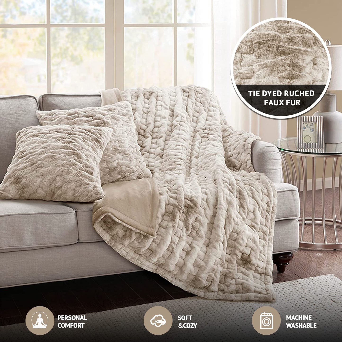 Comfort Spaces Ruched Faux Fur Plush Throw Blanket and Pillow Set with 2 Matching Square Pillow Covers Sofa Throw Blanket for Living Room, Chair, Couch, Home Office Fuzzy Soft Tan Tie Dye 50"x 60"