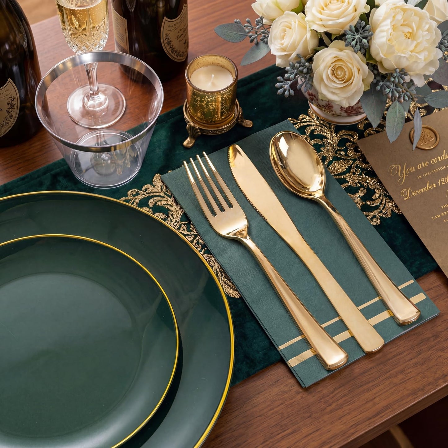 NOCCUR 350PCS Green Plastic Plates - Disposable Green Gold Dinnerware Set for 50 Guests, 100 Dinner/Dessert Plates, 150 Gold Silverware, 50 Cups&50 Napkins for Party ＆ Wedding ＆ World Cup 2026