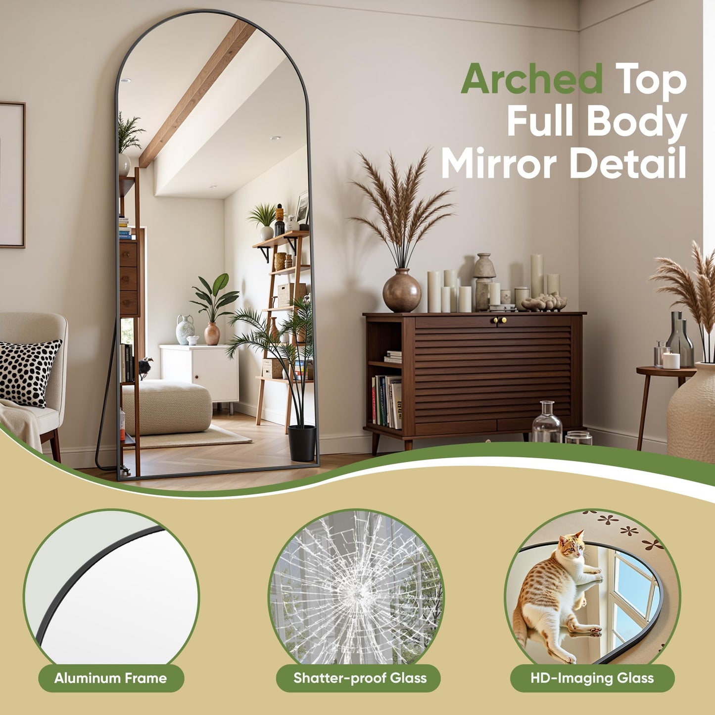Furnbar 58"x20" Arched Full Length Door Mirror, Over-the-Door Hanging, Floor Standing, Wall Mounted or Leaning, Metal Frame Body Mirror for Bedroom, Living Room, Closet, Dorm, Black