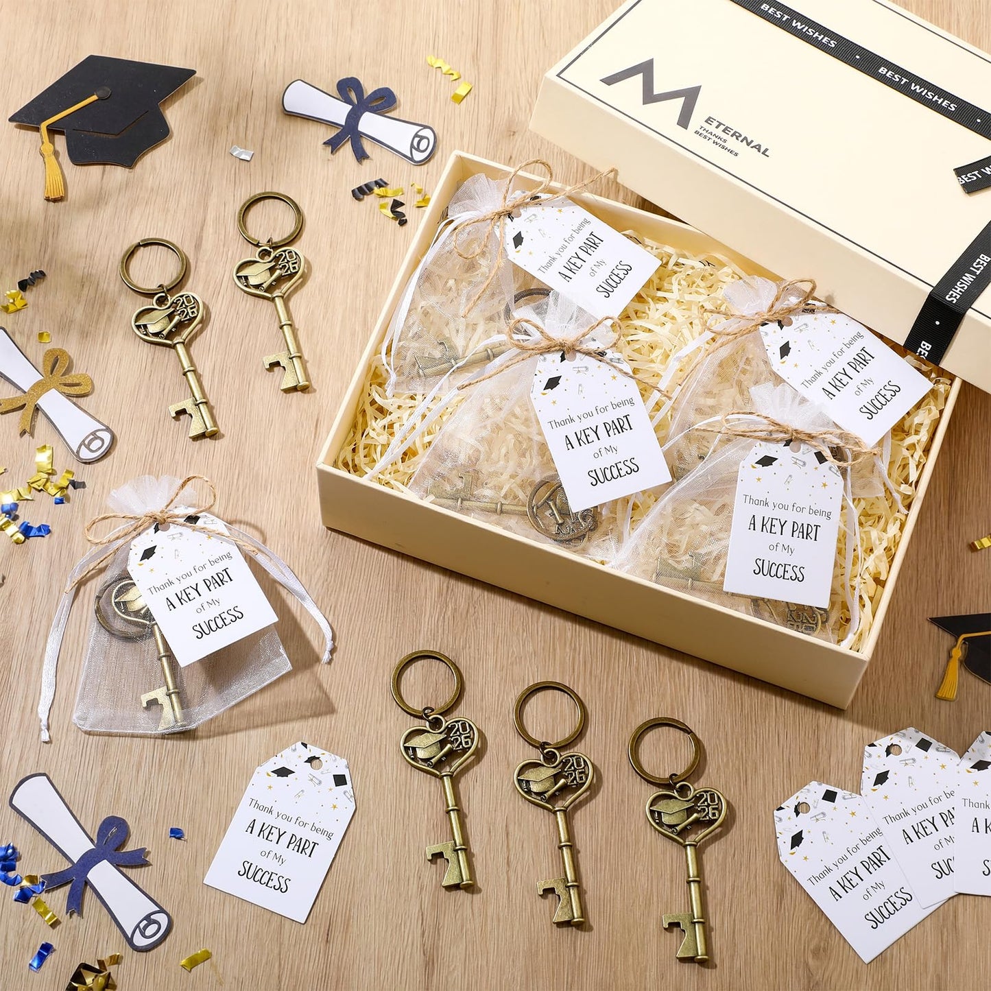 Misdary 50 Sets Graduation Party Favor for Guest 2026 Graduation Cap Bottle Opener Keychains with Thank You Card Organza Bags Class of 2026 College Celebration Party Supplies (Bronze)