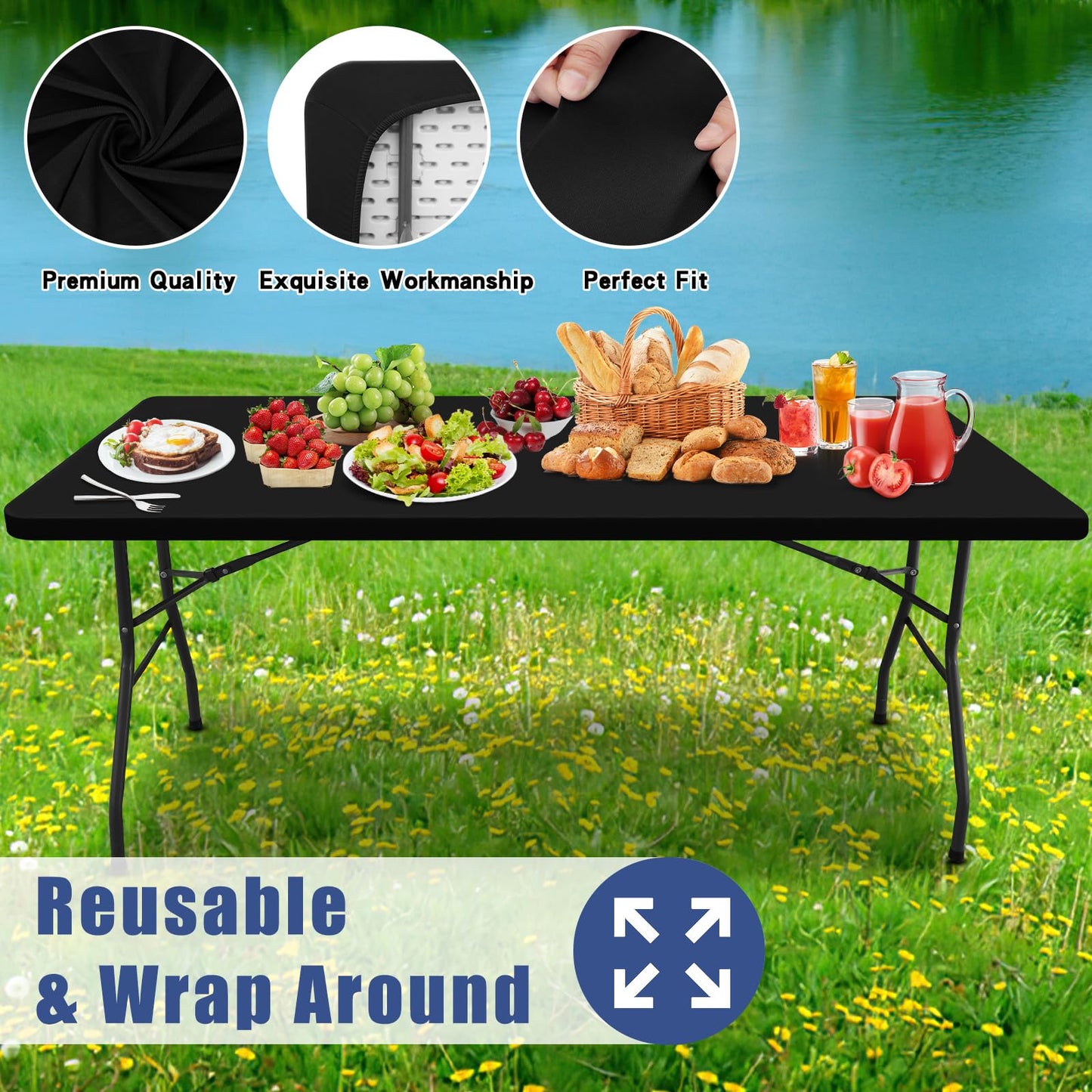 Moosfor Spandex 6 Foot Rectangle Table Cloth 6 Pack, Elastic Fitted Tablecloths for Picnic, Stretch Washable Patio Table Cover for Outdoor, Camping, Banquet and Parties (Black, 30"x72")