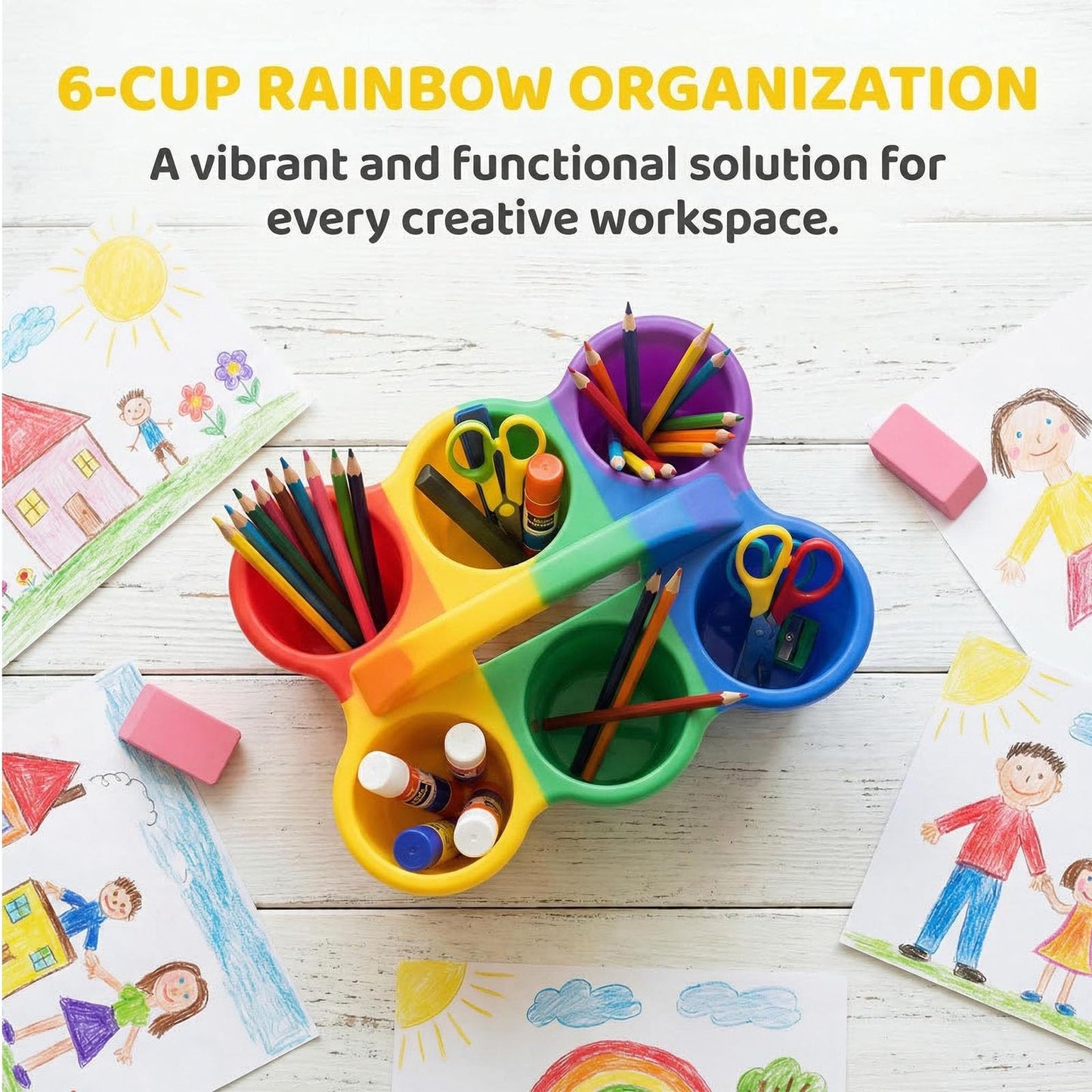 SSATISCN Multicolor Pencil Holders for Desk, 6-Cup Classroom Caddy with Handles, Durable Art Supply Organizer for School Office Home (Set of 6)