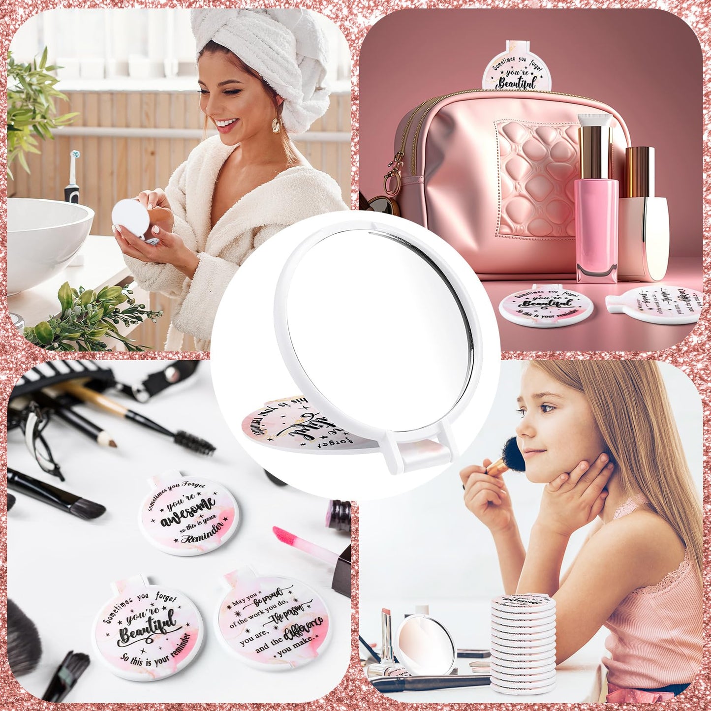 Wenqik 100 Pcs Compact Mirror Bulk Pink Gifts for Women Valentine Small Inspirational Pocket Purse Handheld Mirror Portable Round Makeup Folding Appreciation Gift for Christmas Daily Travel Coworker