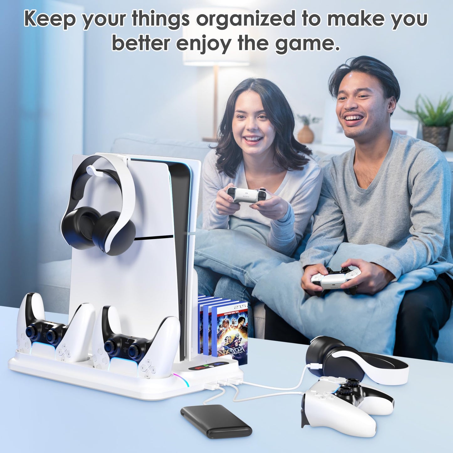 PS5 Cooling Station for PS5/PS5 Slim Disc Digital Console, PS5 Cooling Stand PS5 Slim Cooling Station, PS5 Stand PS5 Accessories with PS5 Controller Charger, 3 Level Fan, 12 Game Slots, RGB Lights