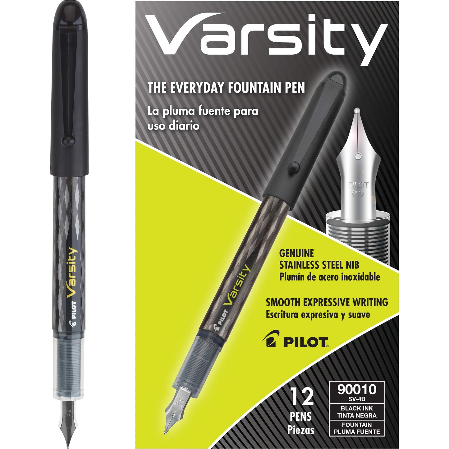 Pilot Precise Varsity Pre-Filled Fountain Pens for Writing, Medium Point Stainless Steel Nib, Black Ink, 1.0mm, 12-Pack