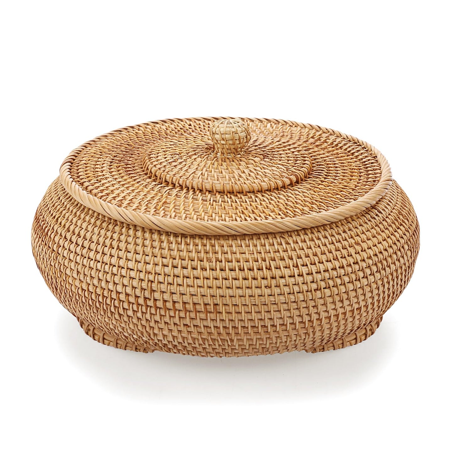 Hipiwe Round Rattan Boxes with Lid, X-Large Woven Bread Basket Natural Rattan Basket Wicker Rattan Storage Box Decorative Basket for Coffee Table Farmhouse Picnic Fruit Storage Basket