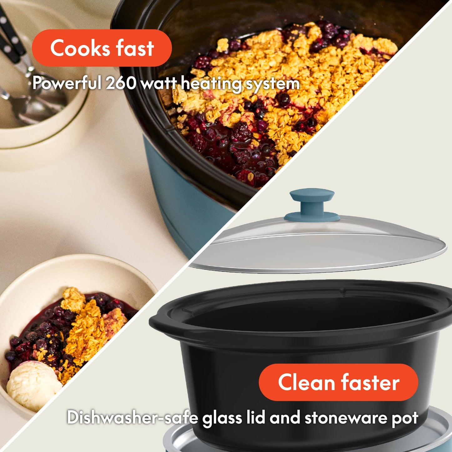 bella 6.0 Qt Manual Slow Cooker, Ceramic Nonstick Coating, 3 Temperature Settings, Dishwasher Safe Stoneware Pot and Tempered Glass Lid, Cool Touch Handles & Tangle Free Cord Wrap, Surf