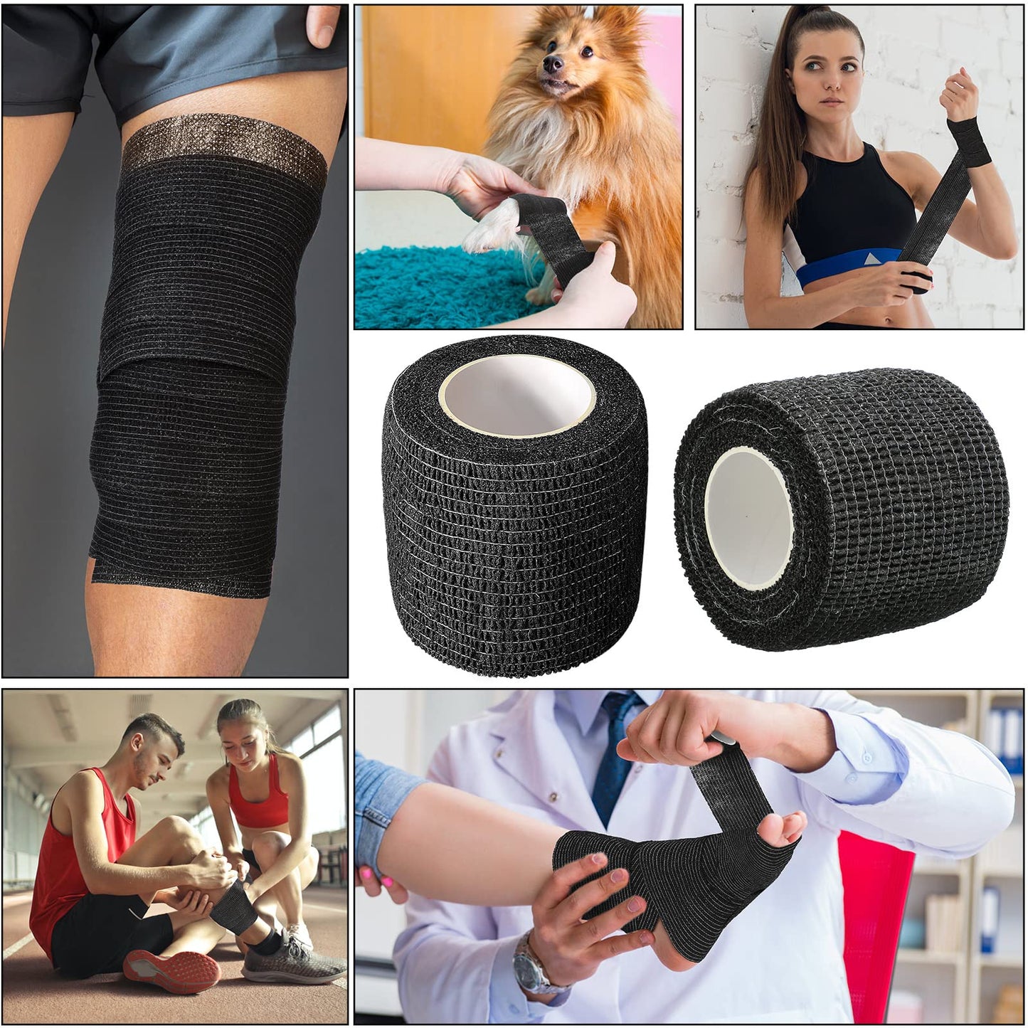 Treela 96 Pack Self Adhesive Bandage Wrap 2 Inch x 5 Yard Self Adherent Cohesive Bandages Elastic Athletic Sports Tape Breathable Wound Tape for Stretch Athletic Wrist Ankle(Black)