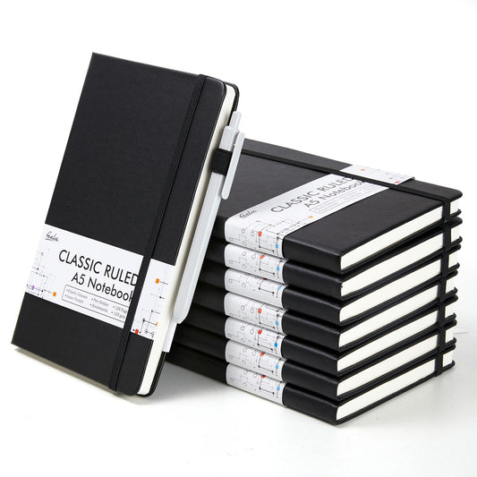 feela 8 Pack Journal Notebook Bulk for School, Hardcover Business Notebooks Classic Ruled Lined Journals with Pen Holder for Work Note Taking, with 8 Black Pens, 120 GSM, 5.1”x8.3”, A5, Black