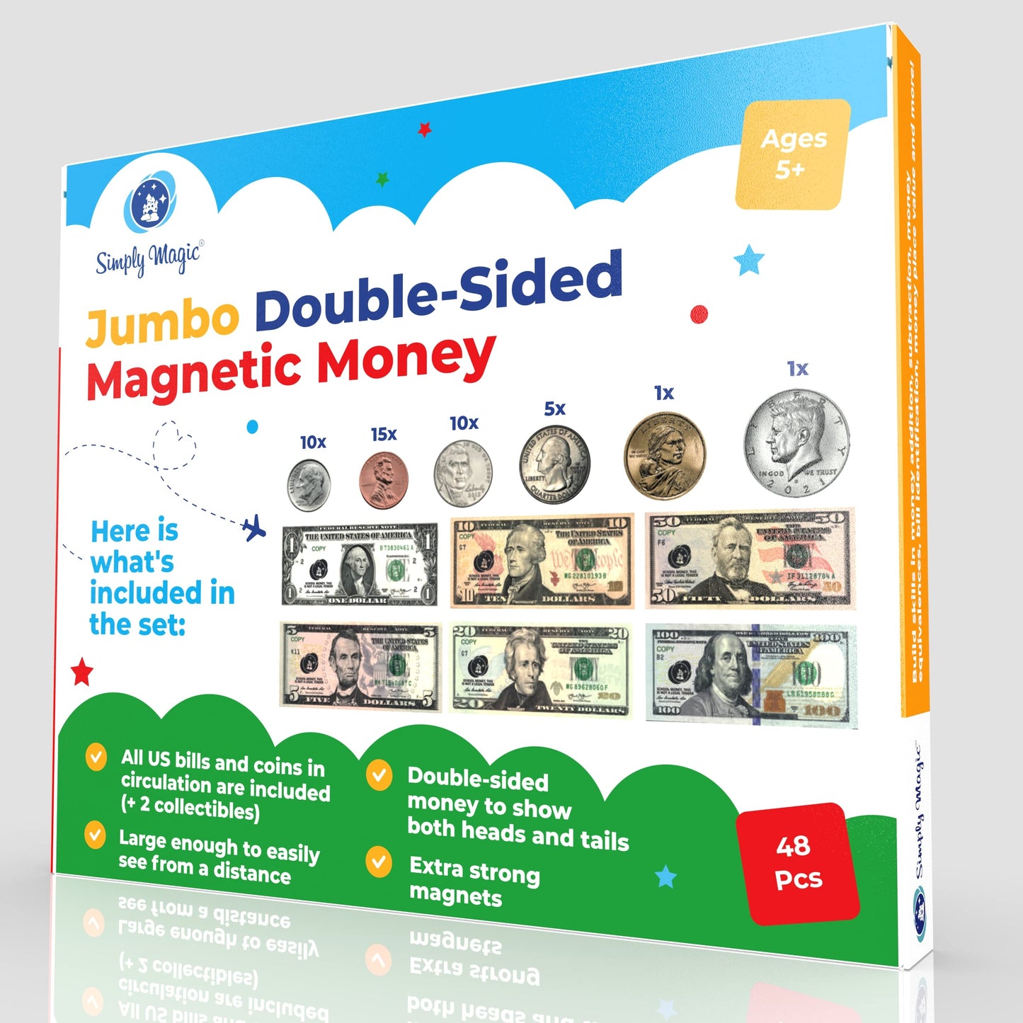 48 PCS Large Double-Sided Magnetic Money - Play Money for Kids for Learning, Pretend Money for Classroom, Toy Money, Play Coins for Kids, Money Games, Practice, Money Manipulatives, Class Money Set
