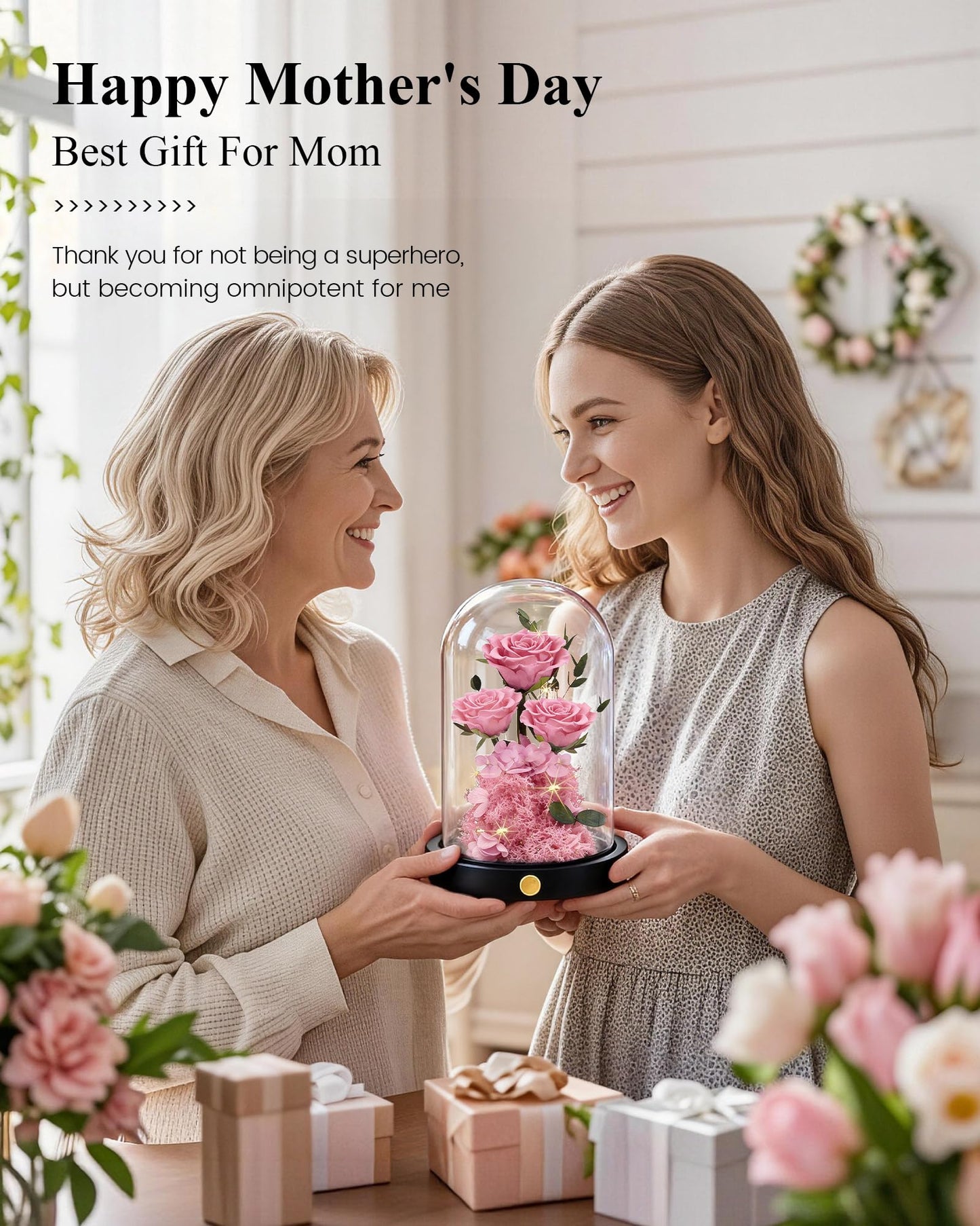 Agrul Birthday Gifts for Women Forever Preserved Flowers Roses in Glass Dome for Women Mom Wife Girlfriend Daughter Birthday Gifts/Pink Rose