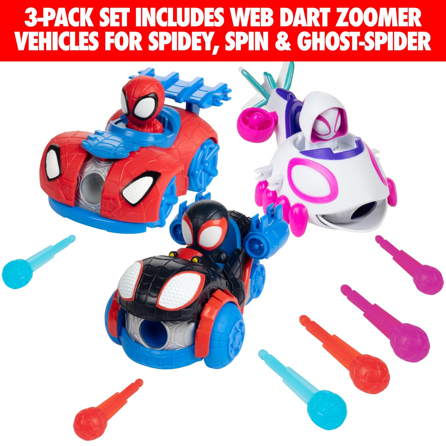 Marvel Spidey & His Amazing Friends Web Dart Zoomers 3-Pack Set - Spiderman, Miles Morales & Gwen Stacy - Officially Licensed - Vehicle Car Set - Spiderverse Gift for Kids, Boys & Girls