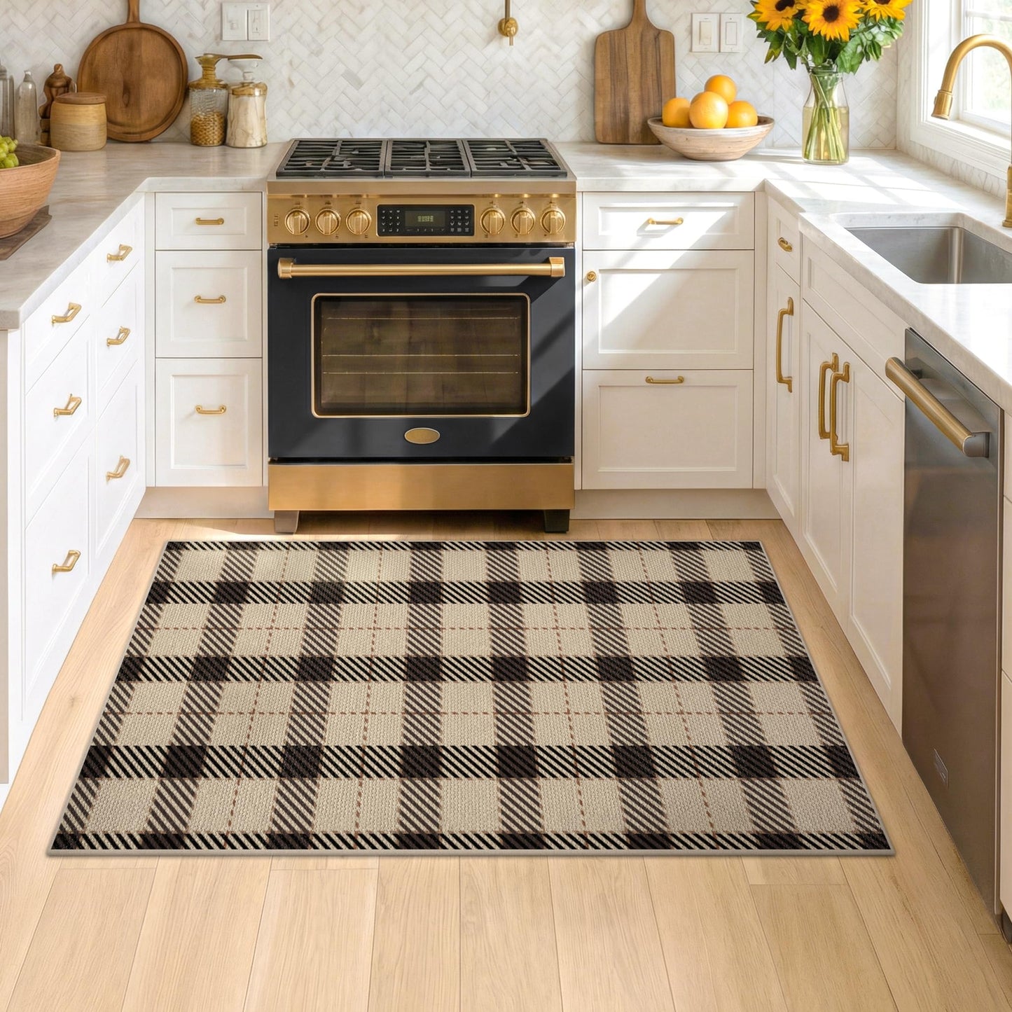 Washable Plaid Indoor Outdoor Rug 3x5 for Front Porch, Entryway, Patio, No Shed Easy Jute Non Slip TPR Backing Area Rug for Large Kitchen, Farmhouse Black & Tan Checkered Seagrass Aesthetic