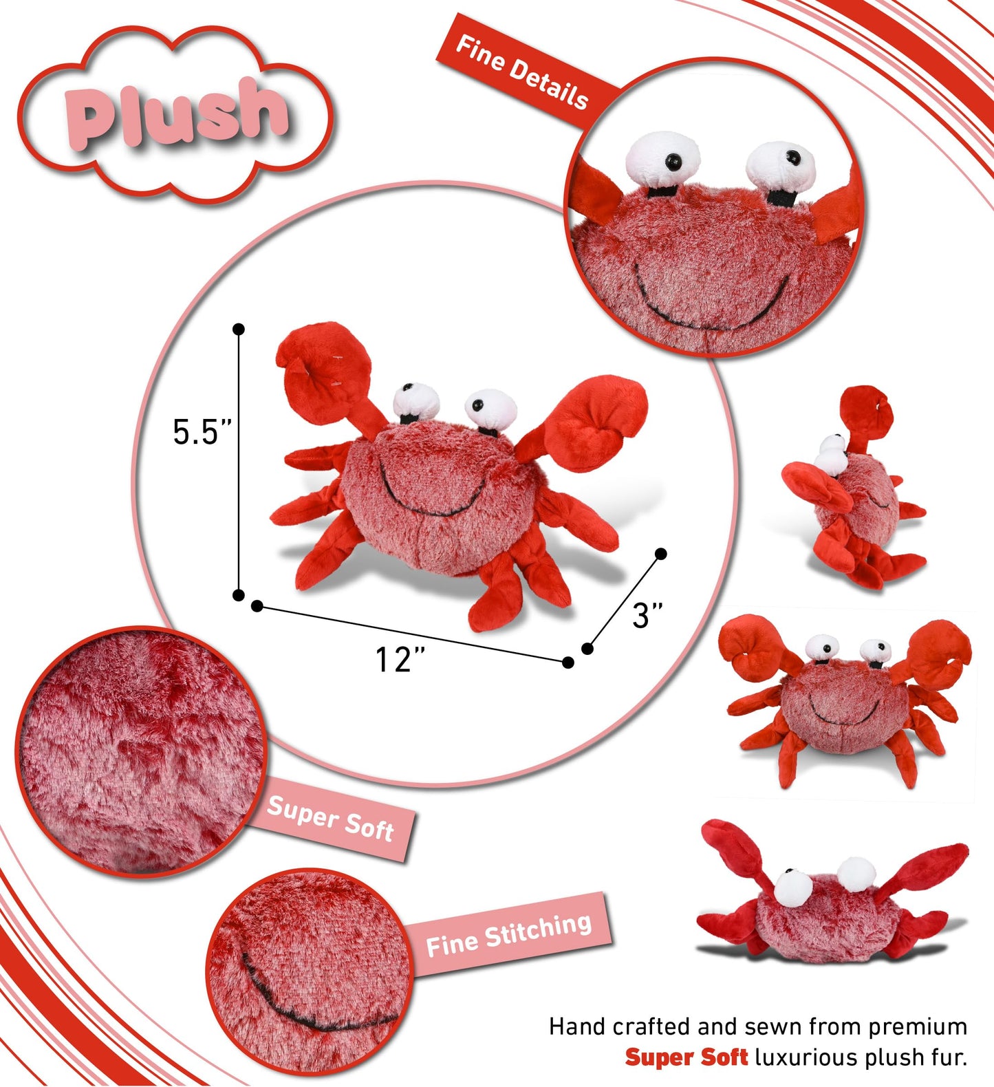 Puzzled Super Soft Red Crab Plush, 12"