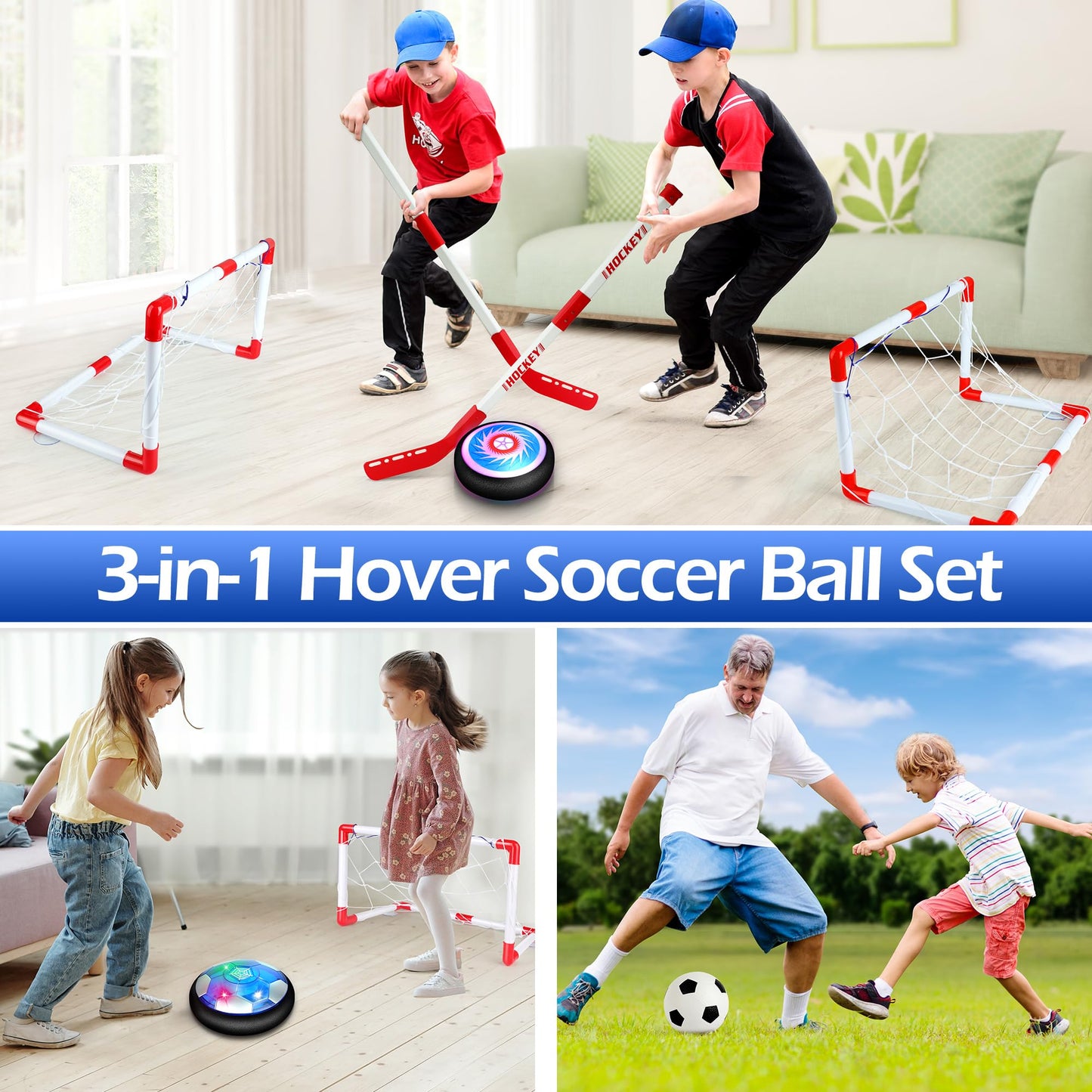 Hover Soccer Ball Toy Set, Hover Hockey Set for Kids, Air Floating Soccer Toys Hockey Ball with Led Light, Indoor Outdoor Sports Toys & Games, Christmas Birthday Gifts for 3 4 5 6 7 8+ Years Boy Girl
