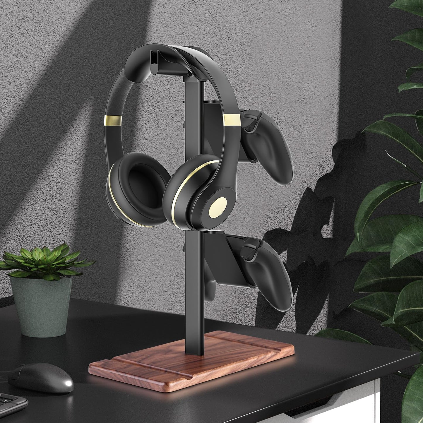 SHUOSUO Controller Holder, Walnut Wood Headphone Stand, Gaming Controller Stand for Xbox PS5 PS4 Switch, Natural Wooden Headset Holder, Universal Desk Game Accessories