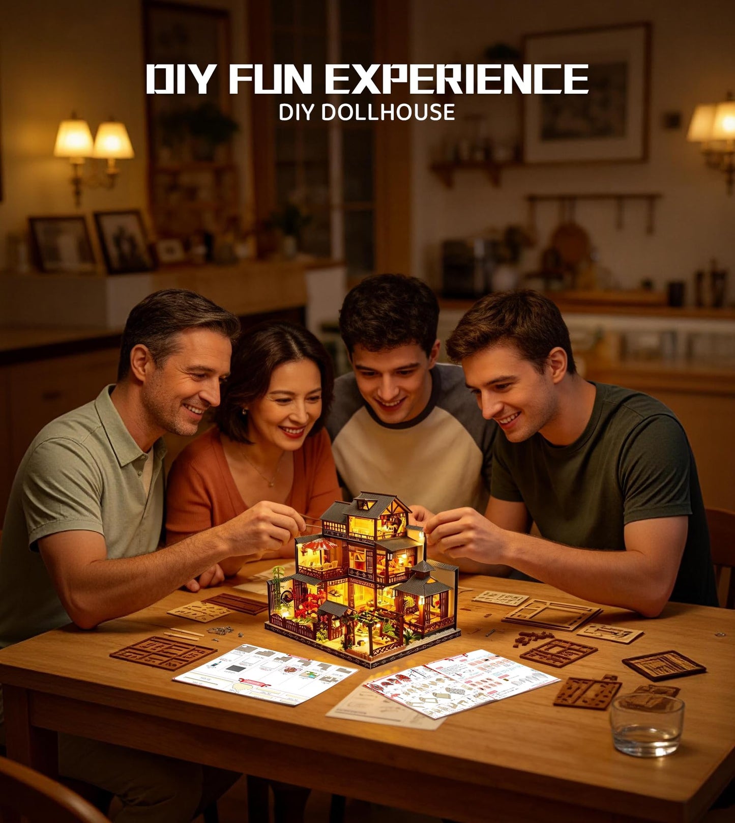Spilay Dollhouse DIY Miniature Wooden Furniture Kit,Mini Handmade Castle Model Plus with LED & Music Box,Creative Doll House Toys for Adult Gift (Fuchun Resort)