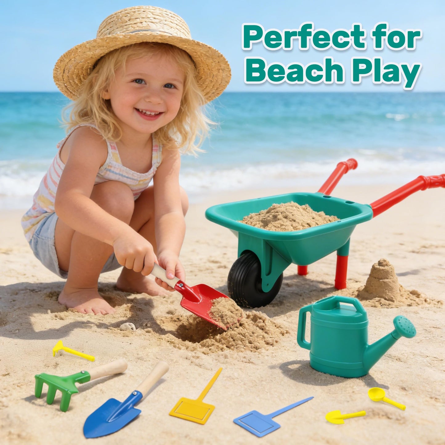 CUTE STONE Kids Gardening Tools Set with Wheelbarrow, 2 Shovel & Rake, Gloves, Watering can, Kids Plant Growing Kit - Complete Kids Greenhouse & Flower Growing Kit with Upgraded Irrigation