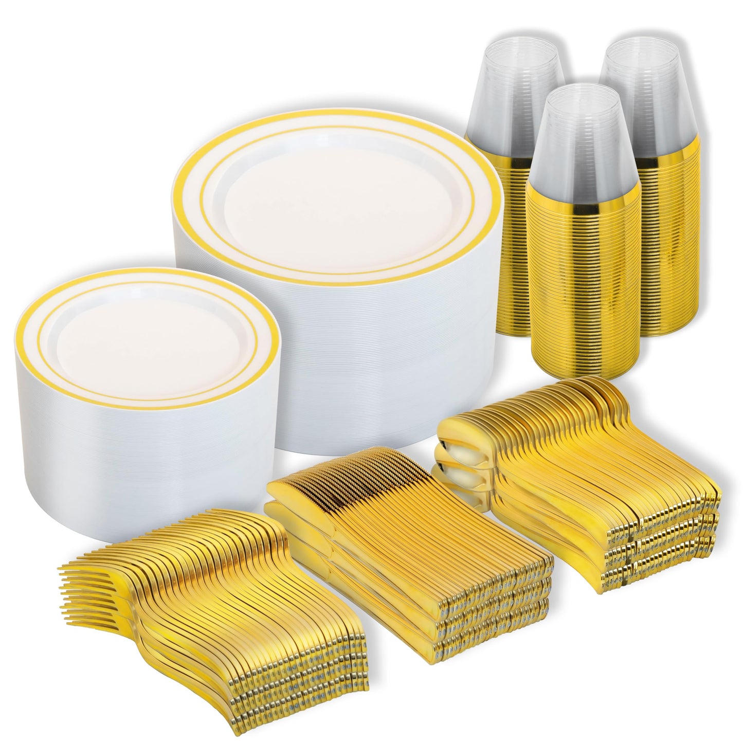N9R 600PCS Disposable Plastic Plates, Gold Plastic Dinnerware Set Includes 100 Dinner Plates, Dessert Plate, Cups, Spoons, Forks, Knives for 100 Guests, Perfect for Party, Wedding, Birthday