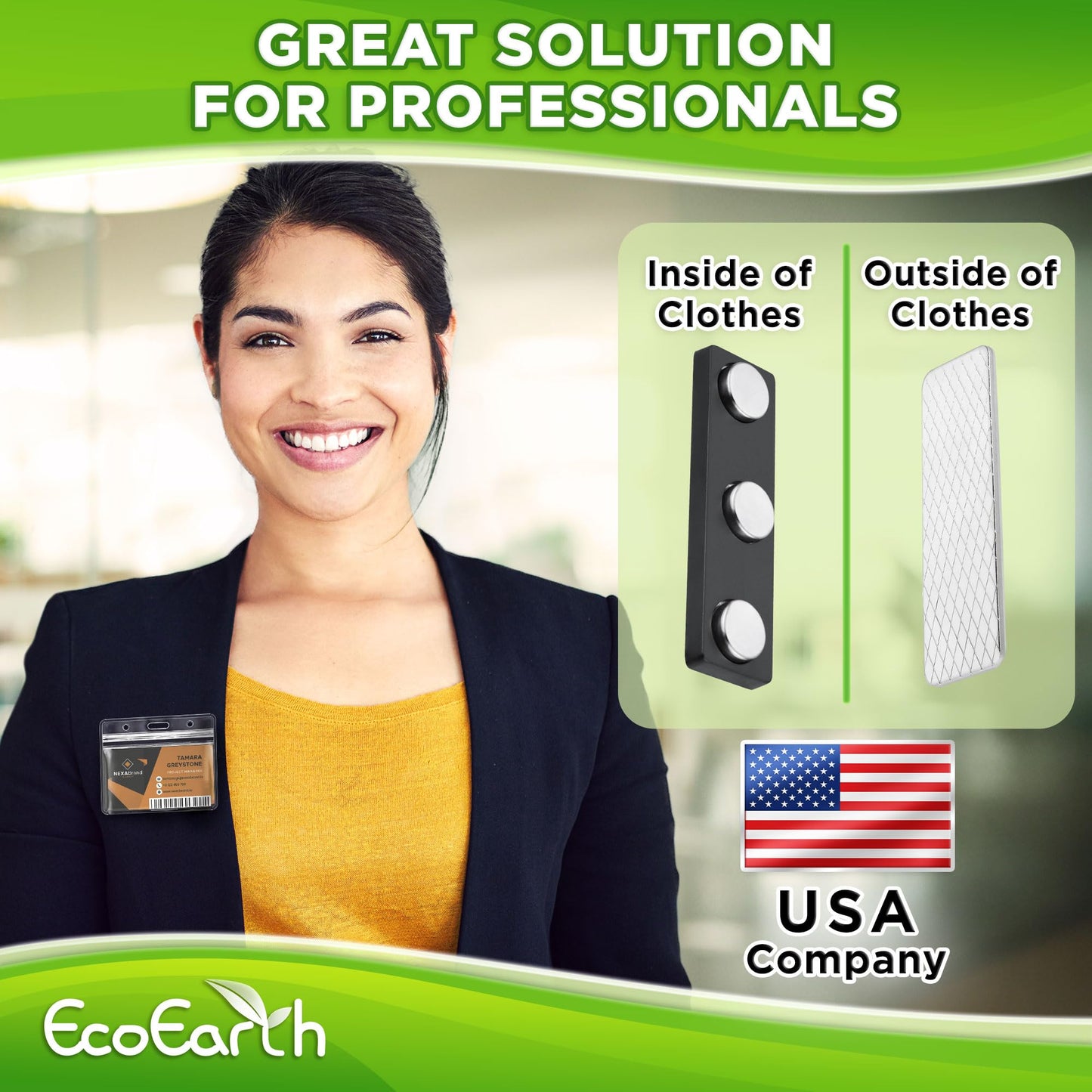 EcoEarth Adhesive Two-Piece Design Name Tag Magnets (100 Badge Holders, 1.75 x 0.5 inches) with 3 Extra-Strong Neodymium Magnets for ID Badge Holders