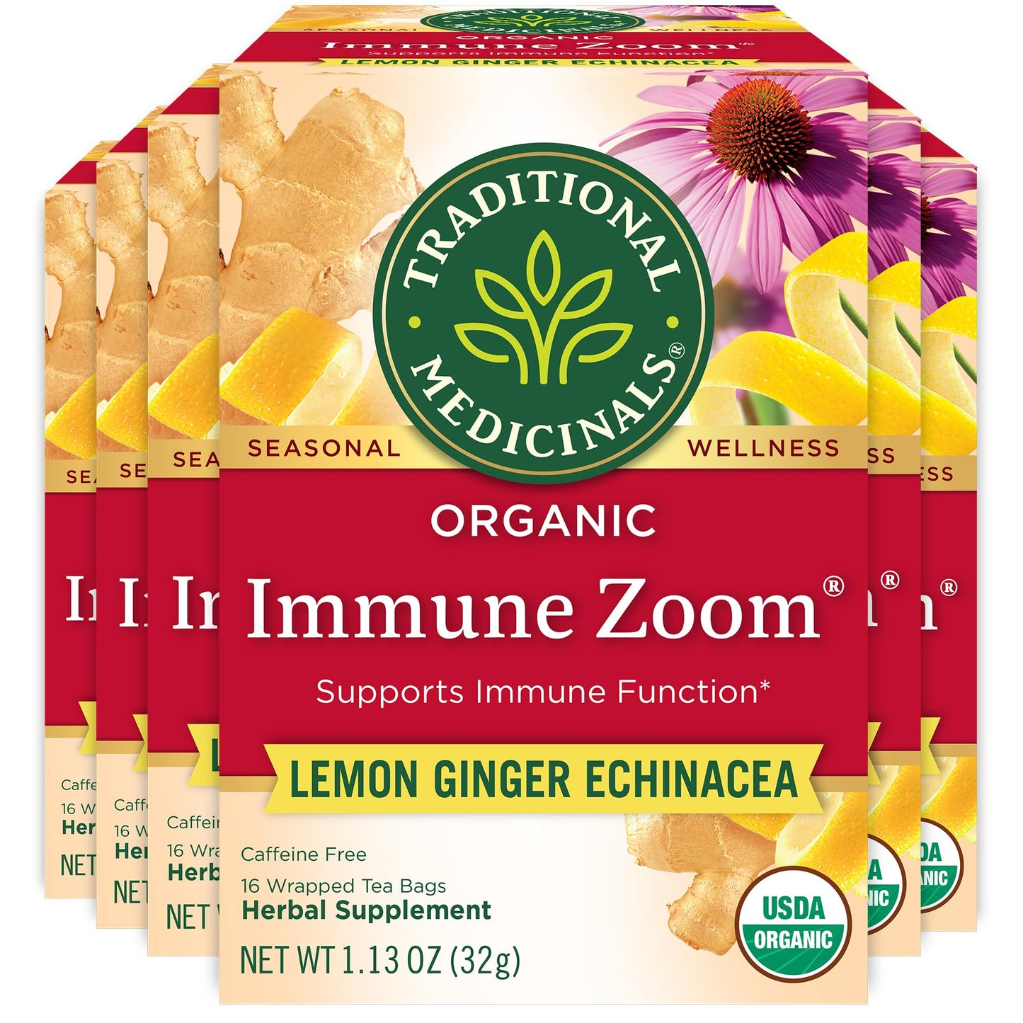Traditional Medicinals Tea, Organic Immune Zoom Lemon Ginger - Supports Immune Function - Kosher, Non-GMO, Caffeine-Free, Compostable - 96 Tea Bags (6 Pack)