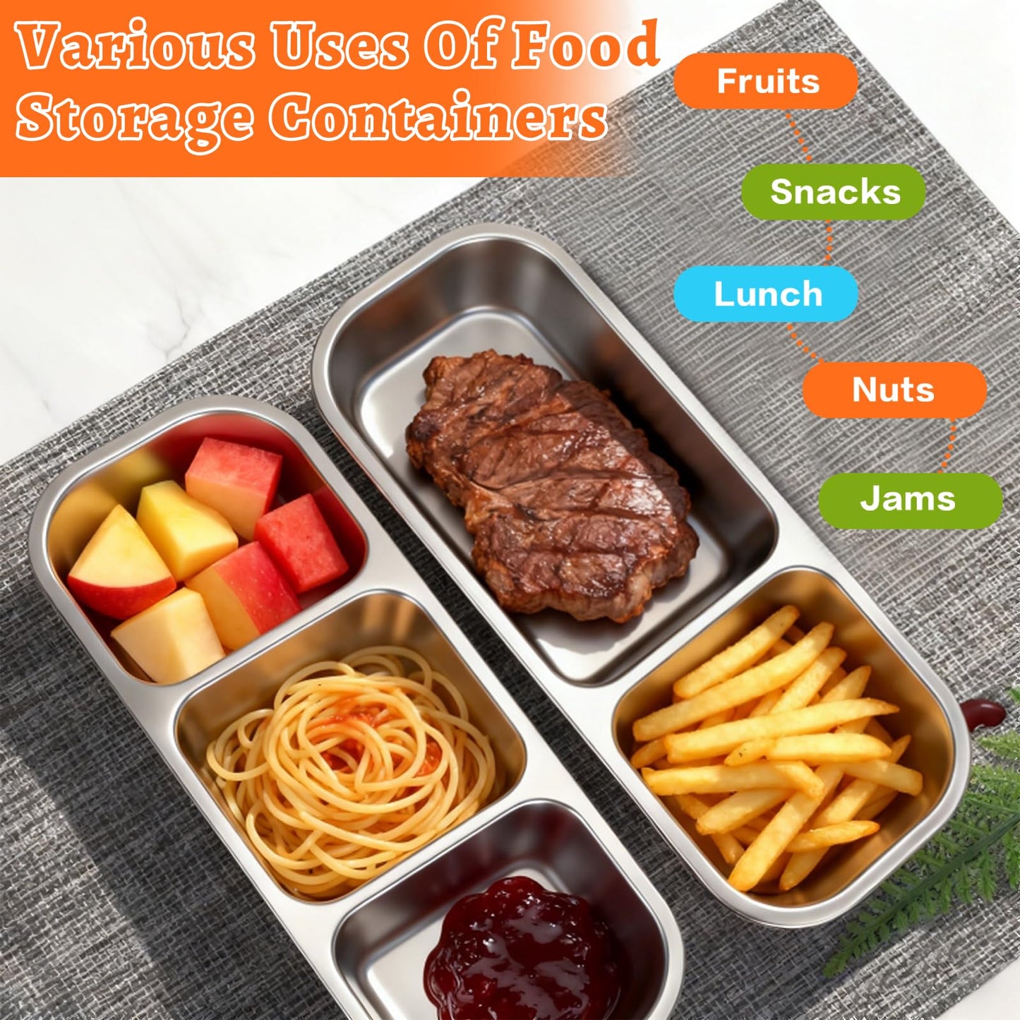 YJSLICT 4 Pack Stainless Steel Snack Containers with Lids, 3 Compartments Reusable Snack Box for Adults, Food Storage Metal Containers Divided Meal Prep Box for Home, Work, Travel