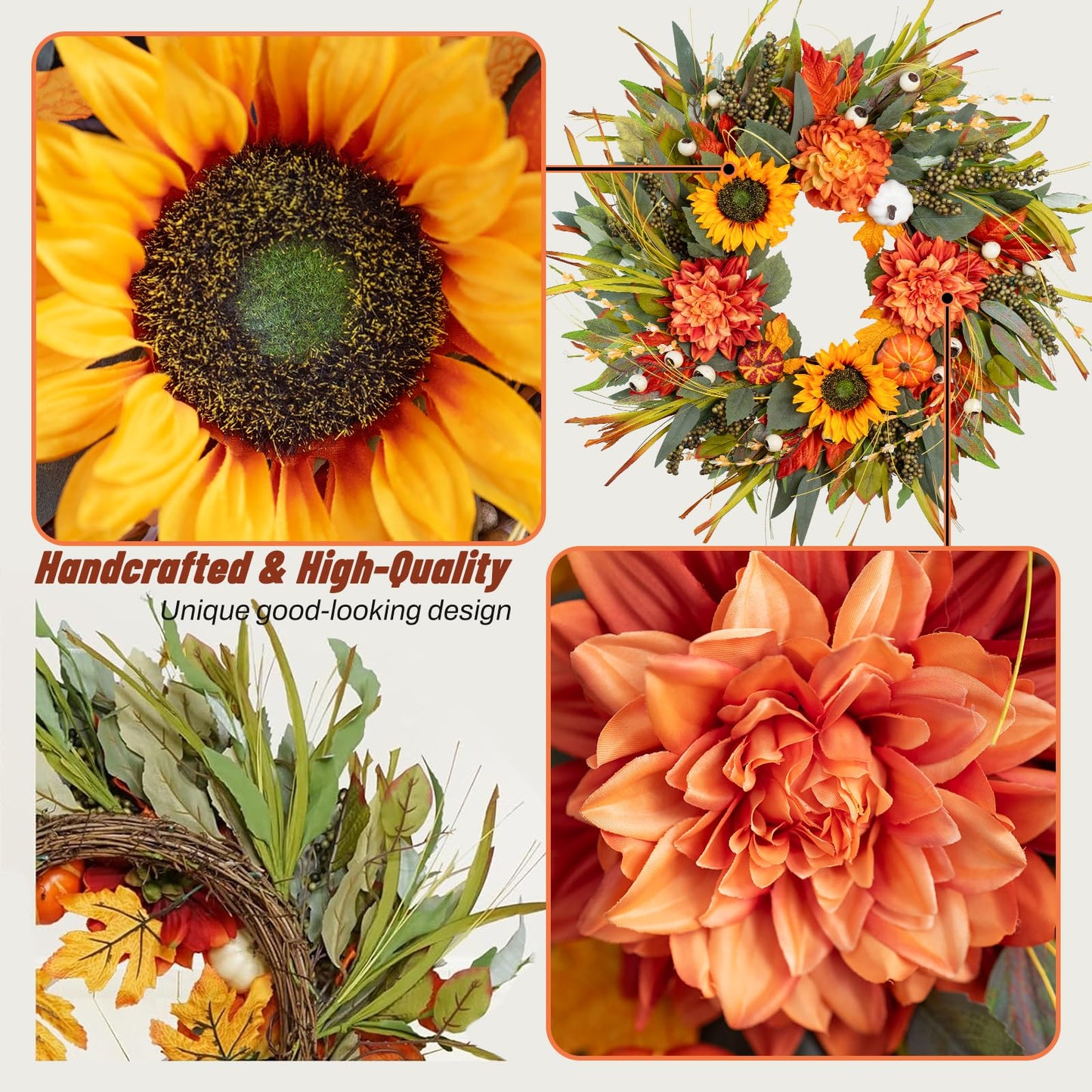 Fall Wreaths for Front Door 24 Inch Fall Wreath with Pumpkins, Sunflowers & Berries – Outdoor Autumn Wreath for Porch, Thanksgiving, Halloween & Harvest Decor