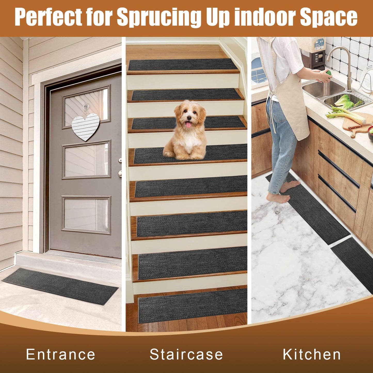 FlowaFoli Stair Treads for Wooden Steps Indoor,8" X 30" (15 in Pack) Carpet Stair Treads for Wood Stairs, Machine Washable Stair Runners for Kids Elders and Pets,Black & Snow Spots