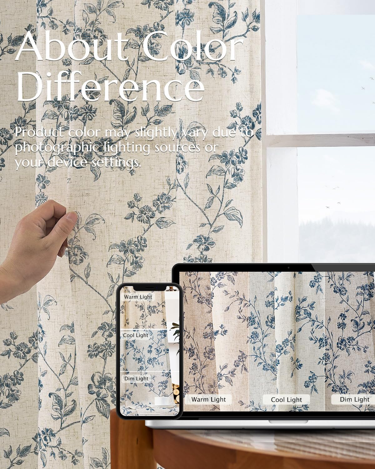 jinchan Linen Floral Curtains for Living Room 84 Inch Length Blue Printed Curtains Back Tab French Country Farmhouse Flower Patterned Drapes Bedroom Window Curtain Set 2 Panels