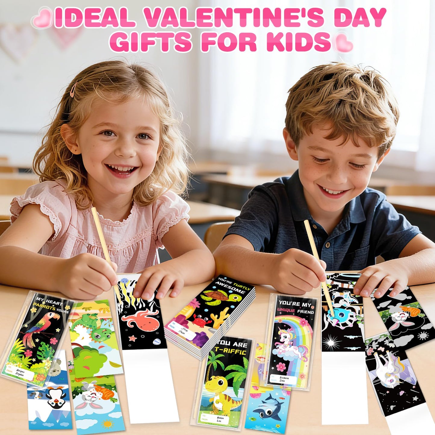 Shemira 24 Pack Valentines Day Cards with Scratch Paper, Classroom Valentines Exchange Gifts, Valentines Party Favors