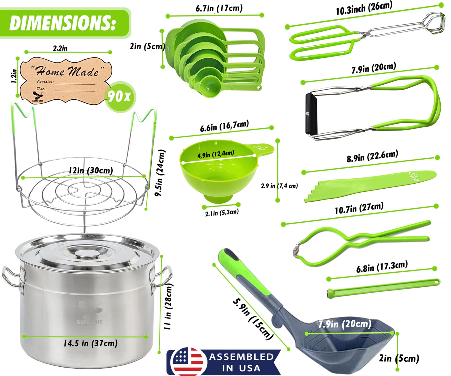 Food Grade 24 Qt. Stainless Steel Water Bath Canning Pot w/Canning Supplies Starter Kit for Beginners - Canning Rack, XL Ladle, Measuring Cups, Funnel,Tongs,Jar Lifter & Wrench,Lid Lifter by Supa Ant
