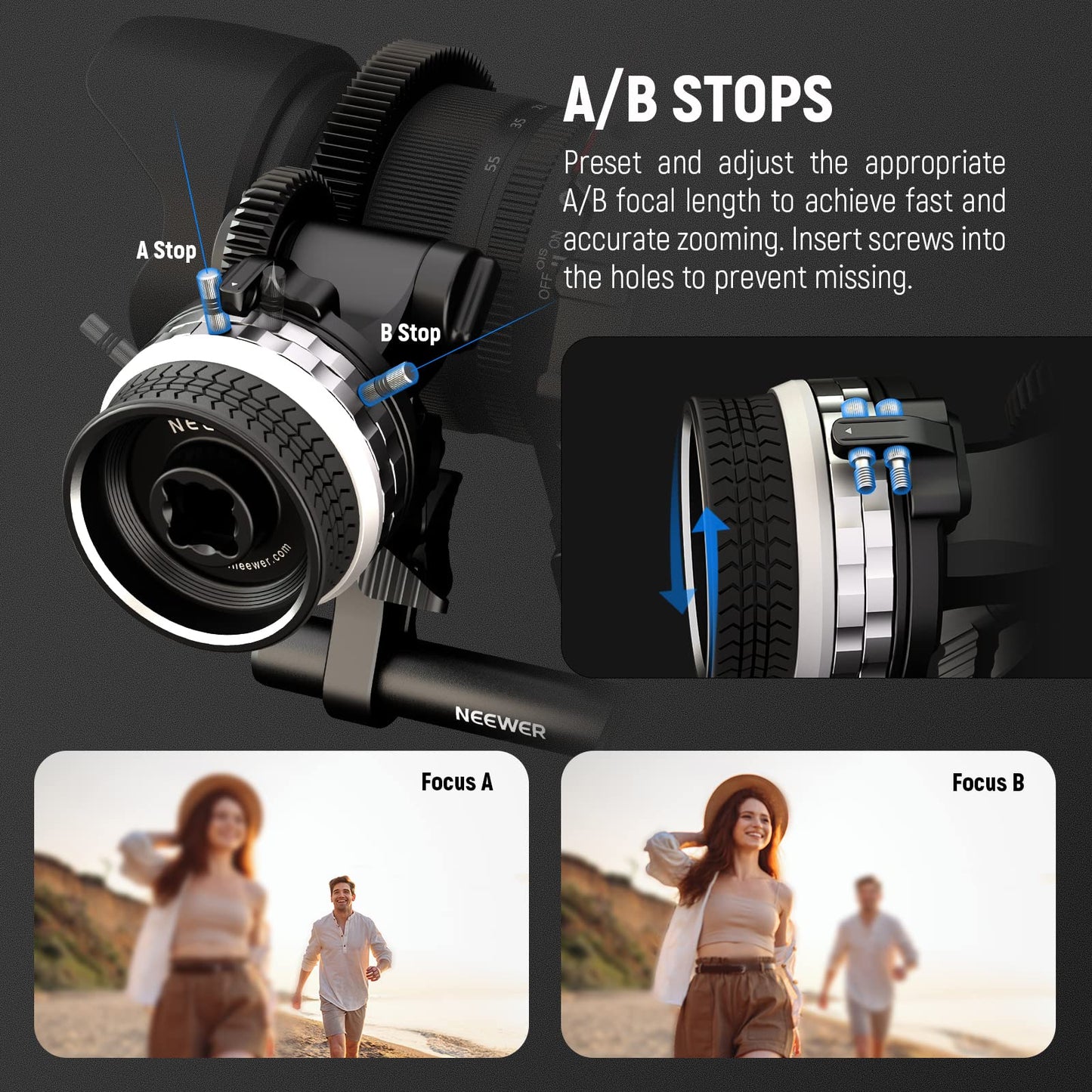 NEEWER Mini Follow Focus with A/B Stops, Lens Gear Ring, 15mm Rod & Rod Clamp for Cinema Camera, DSLR/Mirrorless Camera, Compatible with Lens Diameter Up to 114mm, PG001 (Silver)