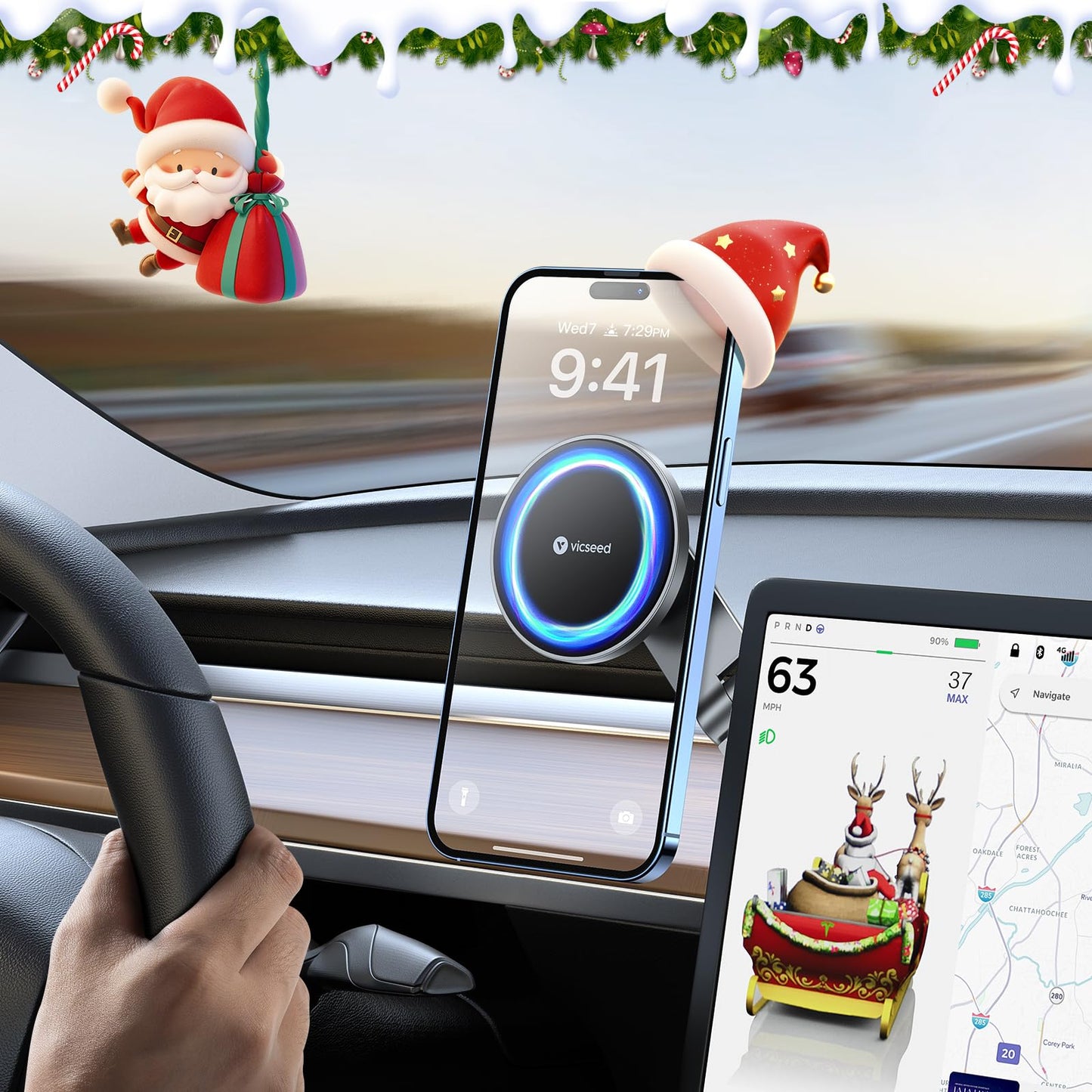 VICSEED Tesla Phone Mount【Strongest Magnet Power】MagSafe Car Mount for Tesla Model 3 Model Y, Foldable Hidden Tesla Phone Holder Fit for All Phone, Tesla Model Y Accessories Tesla Model 3 Accessories