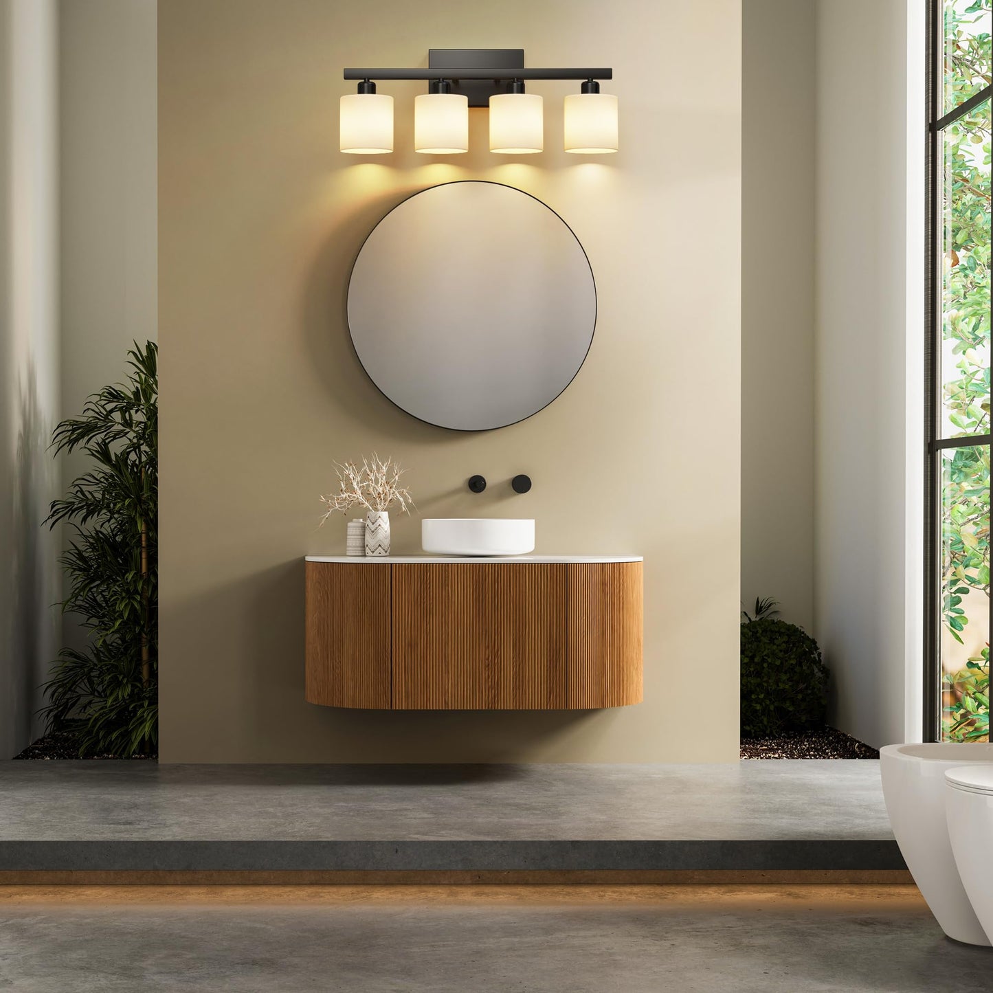 PARTPHONER Classic Vanity Lights, Modern Bathroom Vanity Light with Textured White Glass Shade, Matte Black, 4-Light