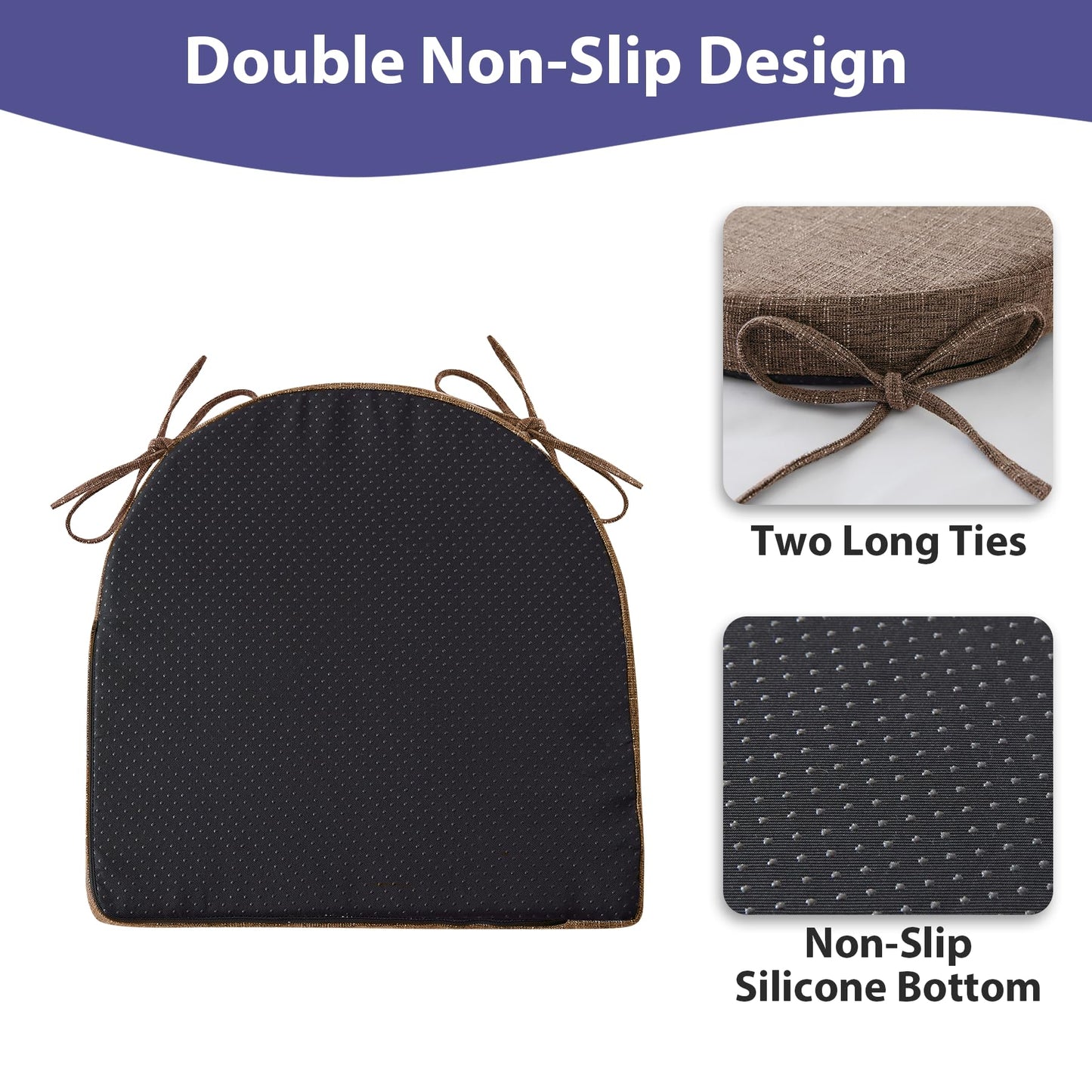 IPYNBAP Chair Cushions for Dining Chairs with Ties and Removable Cover, Dining Kitchen Chair Pads with Non-Slip Bottom, High-Resilience Indoor Seat Cushions, 16'' x 16'' x 2'', Set of 6, Brown