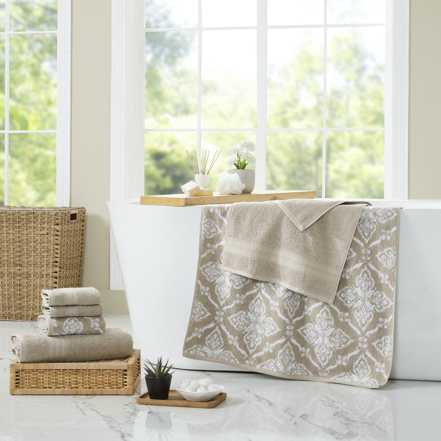 Modern Threads Amaris 6-Piece Reversible Yarn Dyed Jacquard Towel Set - Bath Towels, Hand Towels, & Washcloths - Super Absorbent & Quick Dry - 100% Combed Cotton, Khaki