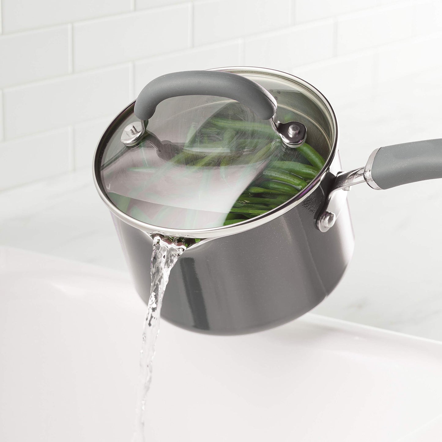 Rachael Ray 12021 Create Delicious Nonstick Sauce Pan / Saucepan with Straining and Lid, 3 Quart - Gray Shimmer