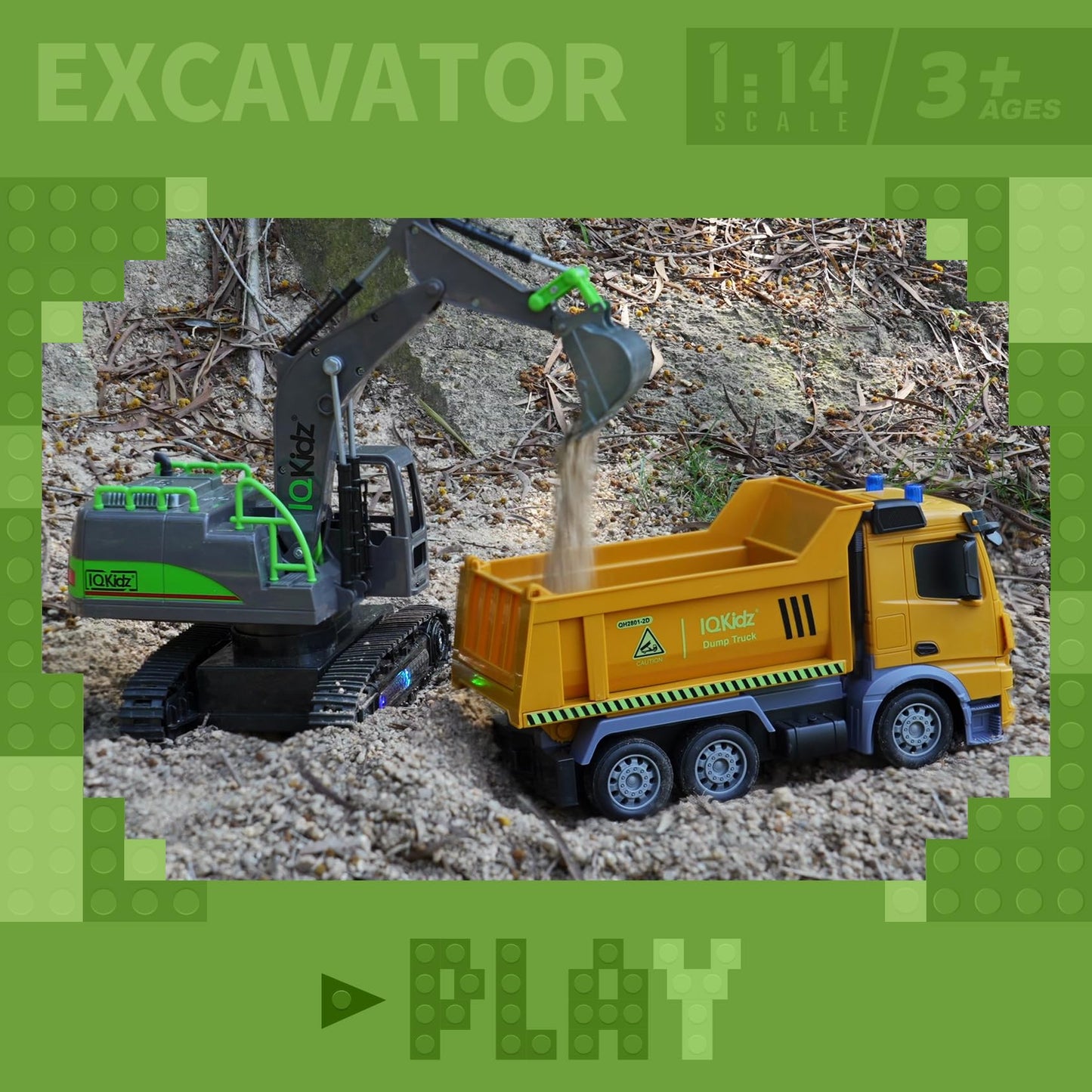 IQKidz Remote Control Excavator Toys for Boys 4-7 Yrs Old - Best Birthday for Kids 3 5 8 9 10+, Metal Shovel Construction Vehicles with Light Sound, 2.4G Rechargeable RC Tracked Digger