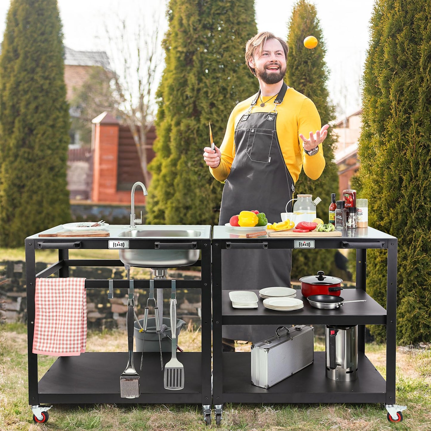 35” Outdoor Grill Cart with Sink, Outdoor Kitchen Sink Station with Hose Hook Up, Free Standing Sink with Wheels, 304 Stainless Steel Sink with Single Bowl, Outdoor Utility Sink with Faucet