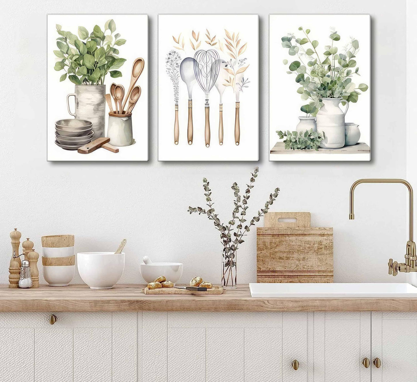 3 Pcs Sage Green Farmhouse Kitchen Canvas Wall Art Minimalist Dining Room Eucalyptus leaves plant Painting Pictures Wall Decor Poster Print Artwork For Dining Room kitchen Home Decoration