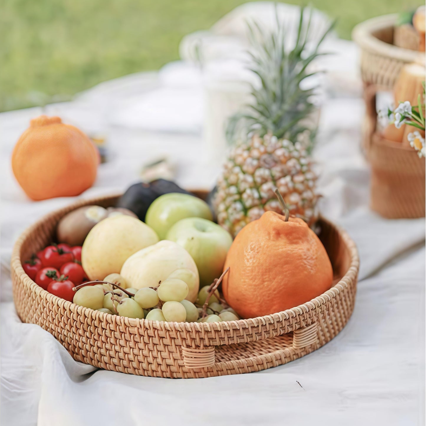 16.9" Round Rattan Tray, Hand Woven Serving Tray with Handles, Wicker Serving Basket, Decorative Tray for Home Decor, Natural