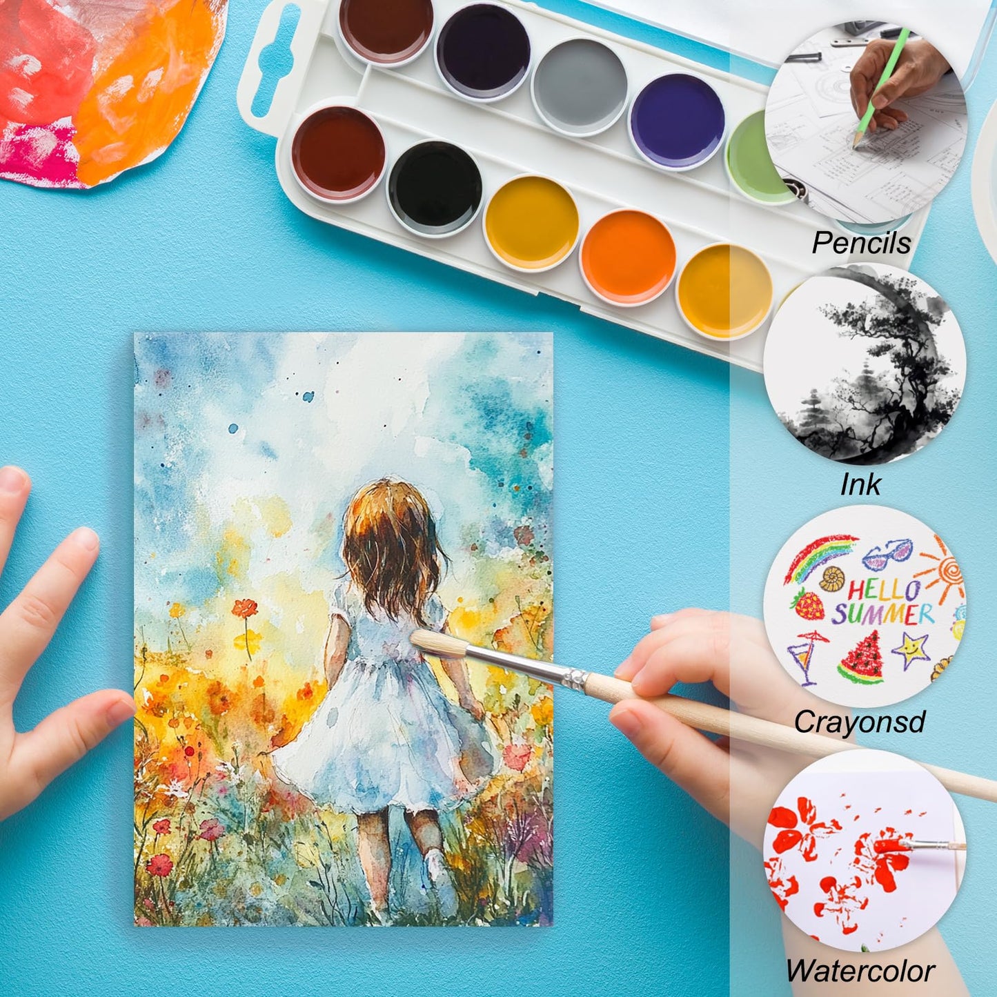 PATIKIL 80 Sheets Cotton Watercolor Paper 140lb/300 GSM Hot Press Water Coloring Paint Paper for Art Painting Watercolor Drawing Artist, 10.63x7.68 Inch