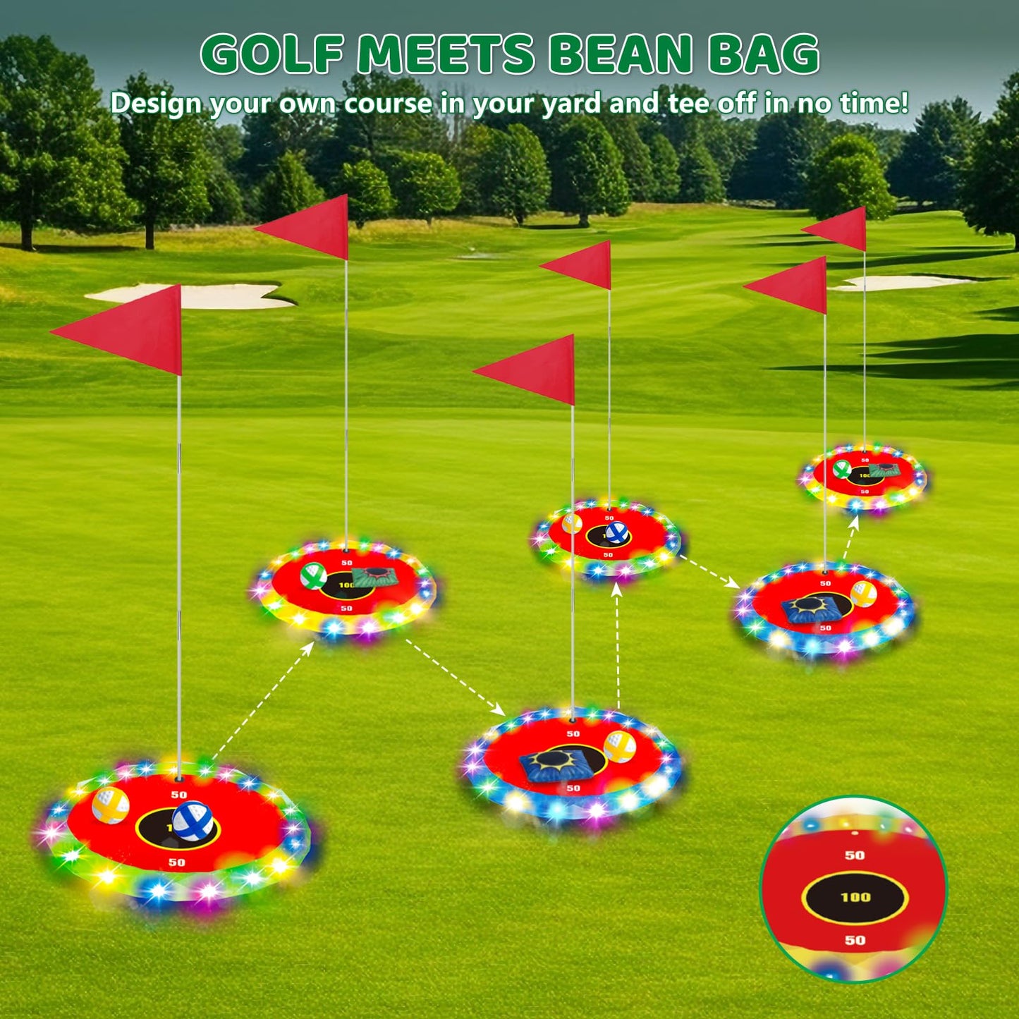 TERRAMUS Light Up Golf Play Set - Upgraded Backyard Golf Chipping Game with 6 LED Targets, 2 Clubs, 18 Balls, 6 Bean Bags, Night Golf Toys Gifts for Kids Golfers Family Indoor Outdoor Beach Lawn Park