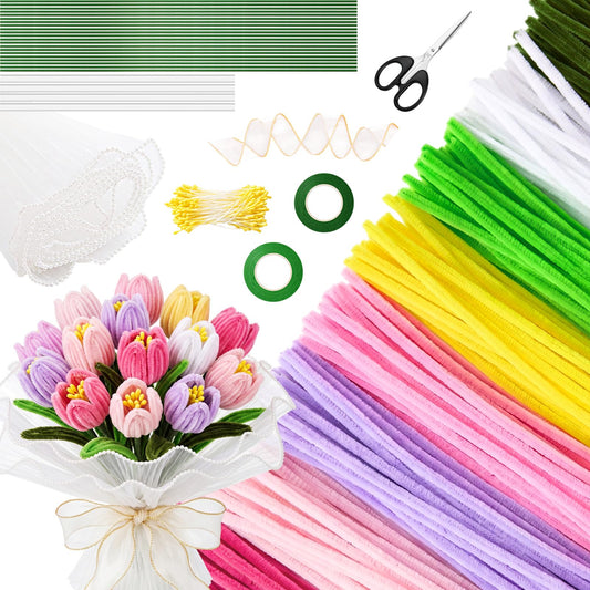 Chicplaid 800 Pcs Pipe Cleaners Craft, Pipe Cleaners Flowers Kit, 8 Colors Chenille Stems with Floral Wires, Gardening Tape, Stamen, Floral Wrapping Paper & Ribbon for DIY Craft Supplies