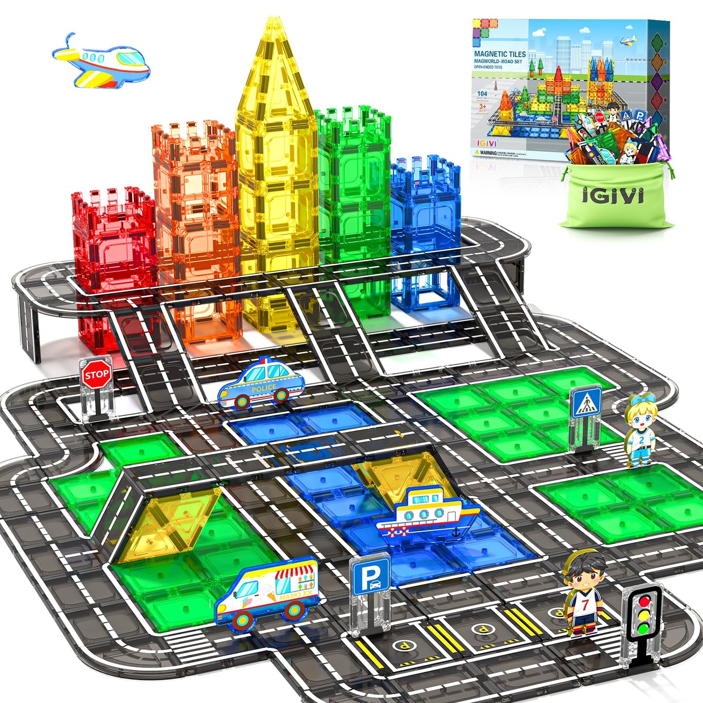 IGIVI 104 PCS Magnetic Tiles Road Set, STEM Magnet Building Blocks for Kids Toddler Toys Games, Christmas Birthday Gifts for 3+ Year Old Boys Girls, Car Enthusiasts and Classroom Must Haves