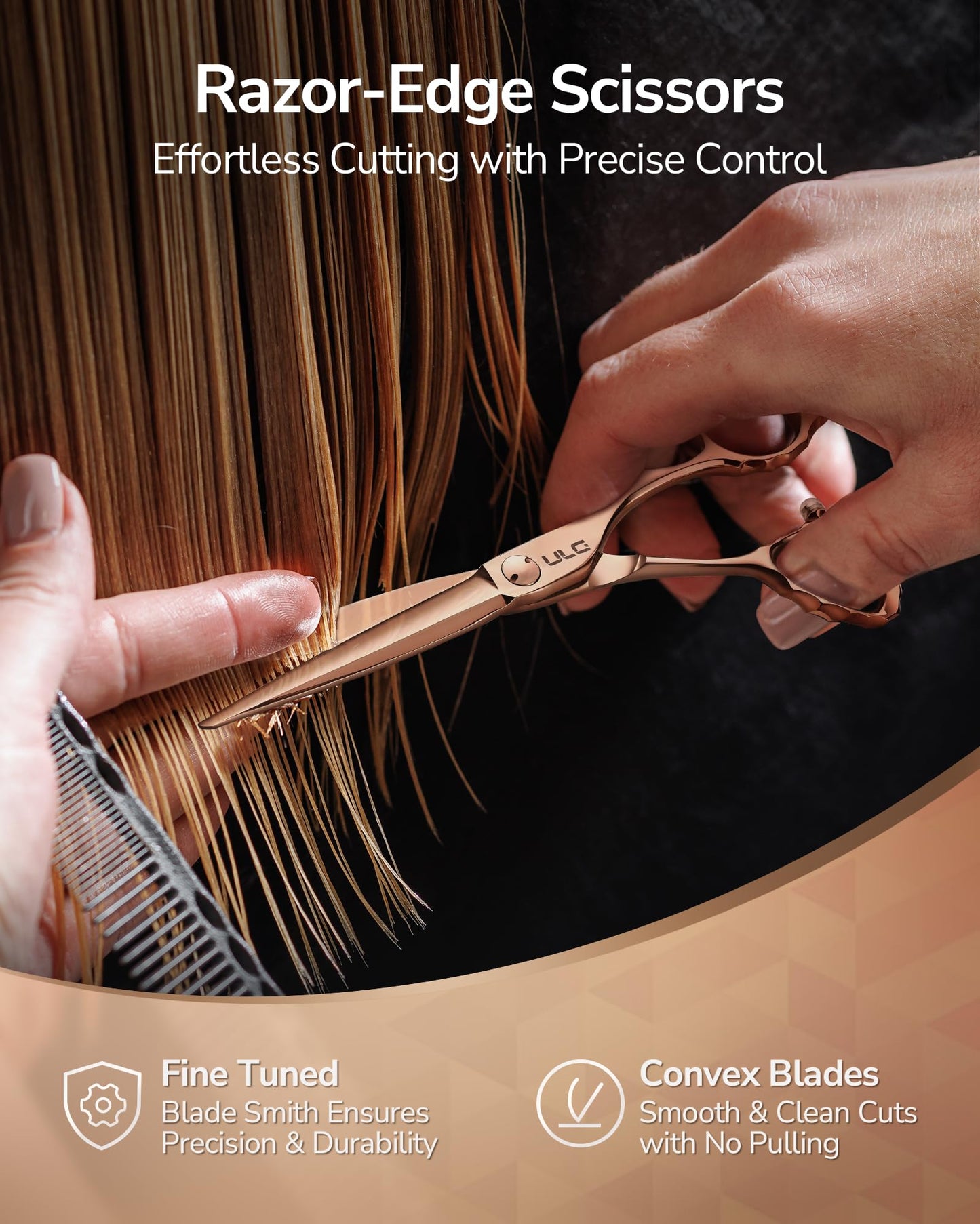ULG Professional Hair Cutting Scissors with Luxury 18K Rose Gold Finish 6.5” Barber Scissors 440C Japanese Stainless Steel Hand-Honed Razor Sharp Blades Offset Handles Tension Adjustable, Right-Handed